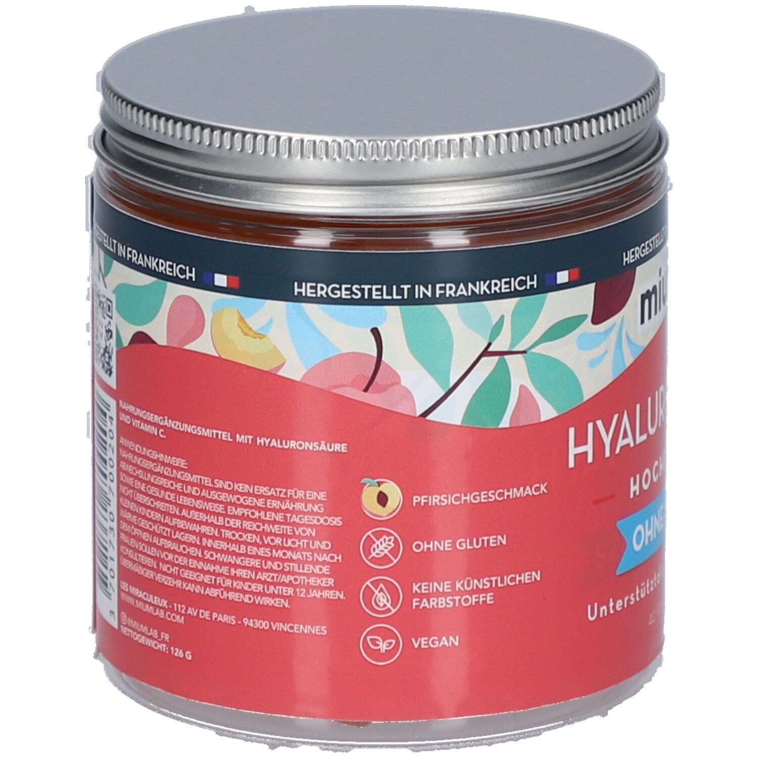 Runde Dose mit silbernem Deckel. Roter Aufkleber mit Text und Logos. Hergestellt in Frankreich. Pfirsichgeschmack, ohne Gluten, vegan.