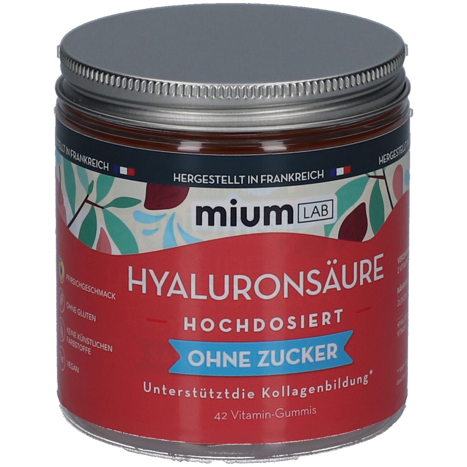 Runde Dose mit silbernem Deckel. Roter Aufkleber mit weißer Schrift: Hyaluronsäure, hochdosiert, ohne Zucker. Marke: mium LAB.