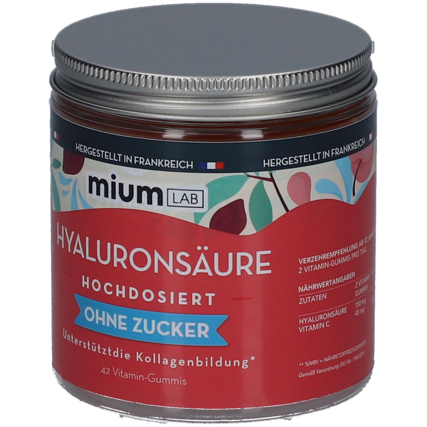 Runde Dose mit silbernem Deckel. Roter Aufkleber mit Text: Hyaluronsäure, ohne Zucker. Marke: mium LAB. Empfehlung: 2 Vitamin-Gummis pro Tag.