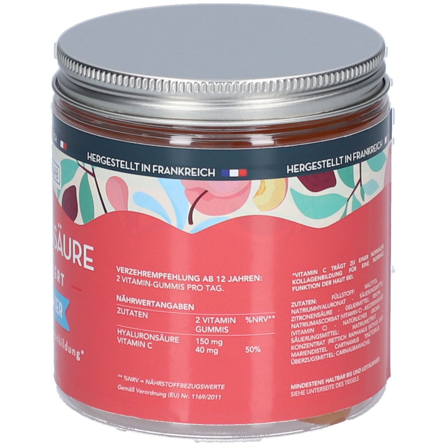 Runde Dose mit silbernem Deckel. Roter Aufkleber mit Text und Nährwertangaben. Empfehlung: 2 Vitamin-Gummis pro Tag. Zutaten und Nährwerte.