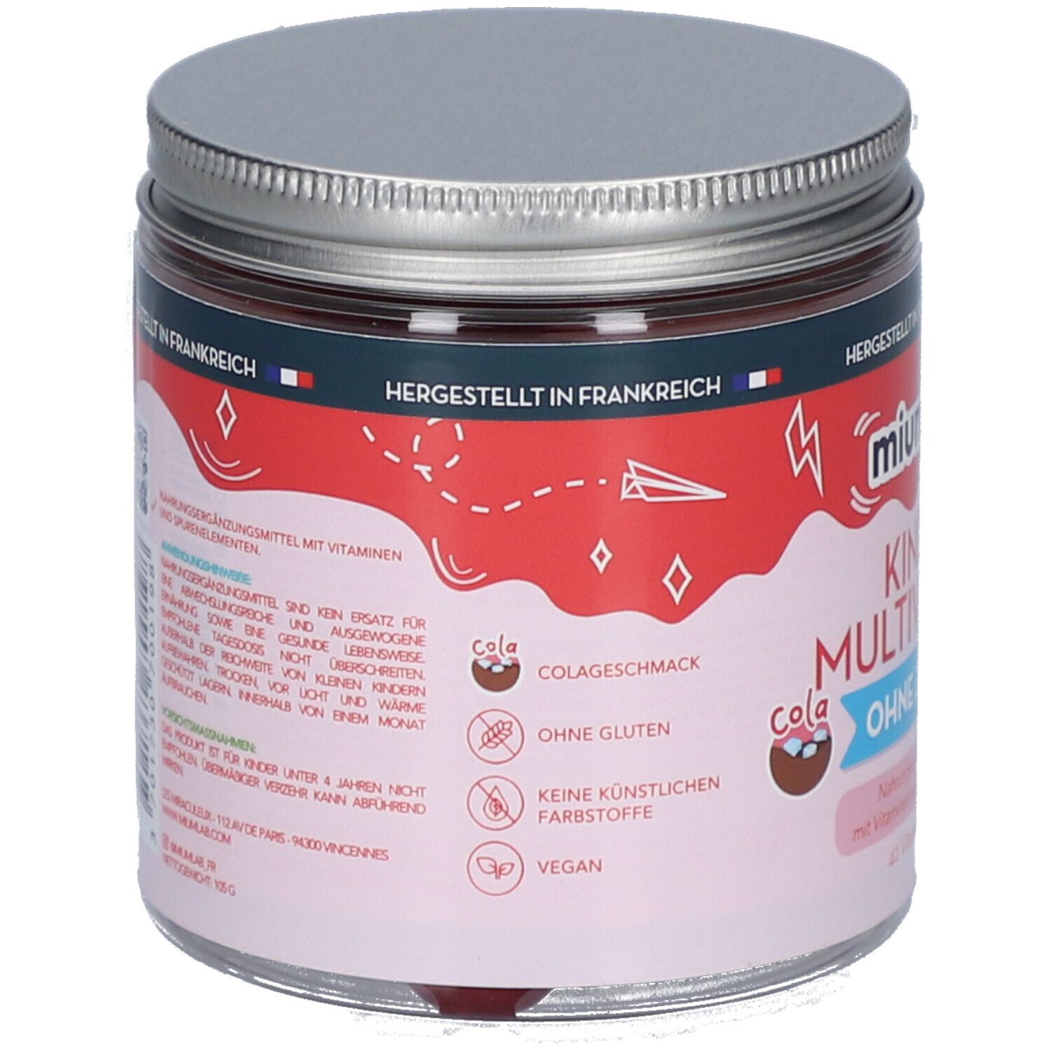 Rückseite des Glases mit MIUMLAB Kids Multivitamin. Angaben zu Inhaltsstoffen, ohne Gluten, ohne künstliche Farbstoffe, vegan.