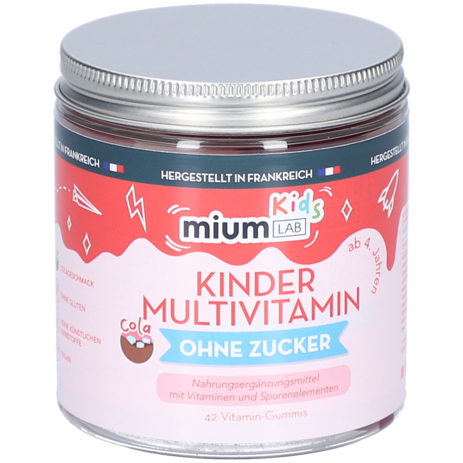 Glas mit MIUMLAB Kids Multivitamin Gummis. Deckel silberfarben. Aufschrift: Ohne Zucker, 42 Vitamin-Gummis.