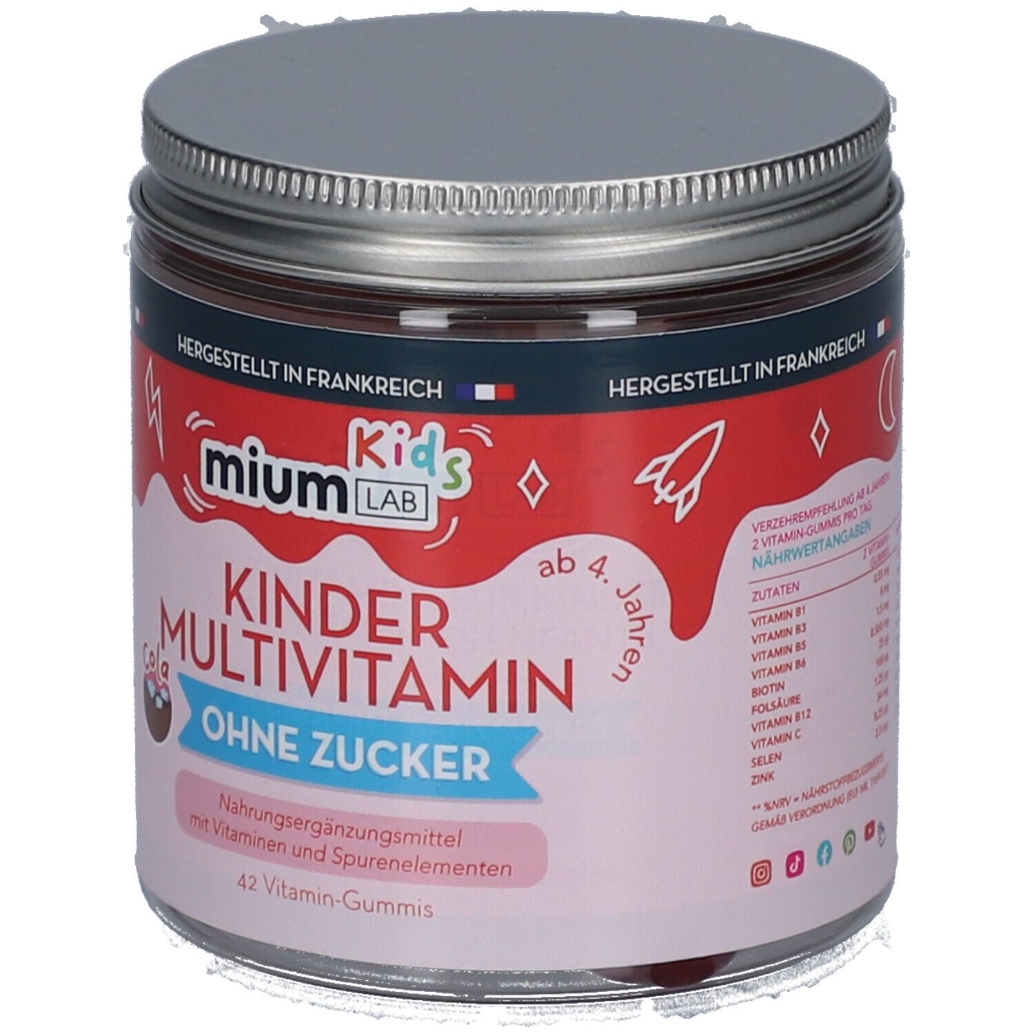 Glas mit MIUMLAB Kids Multivitamin Gummis. Deckel silberfarben. Aufschrift: Ohne Zucker, 42 Vitamin-Gummis.