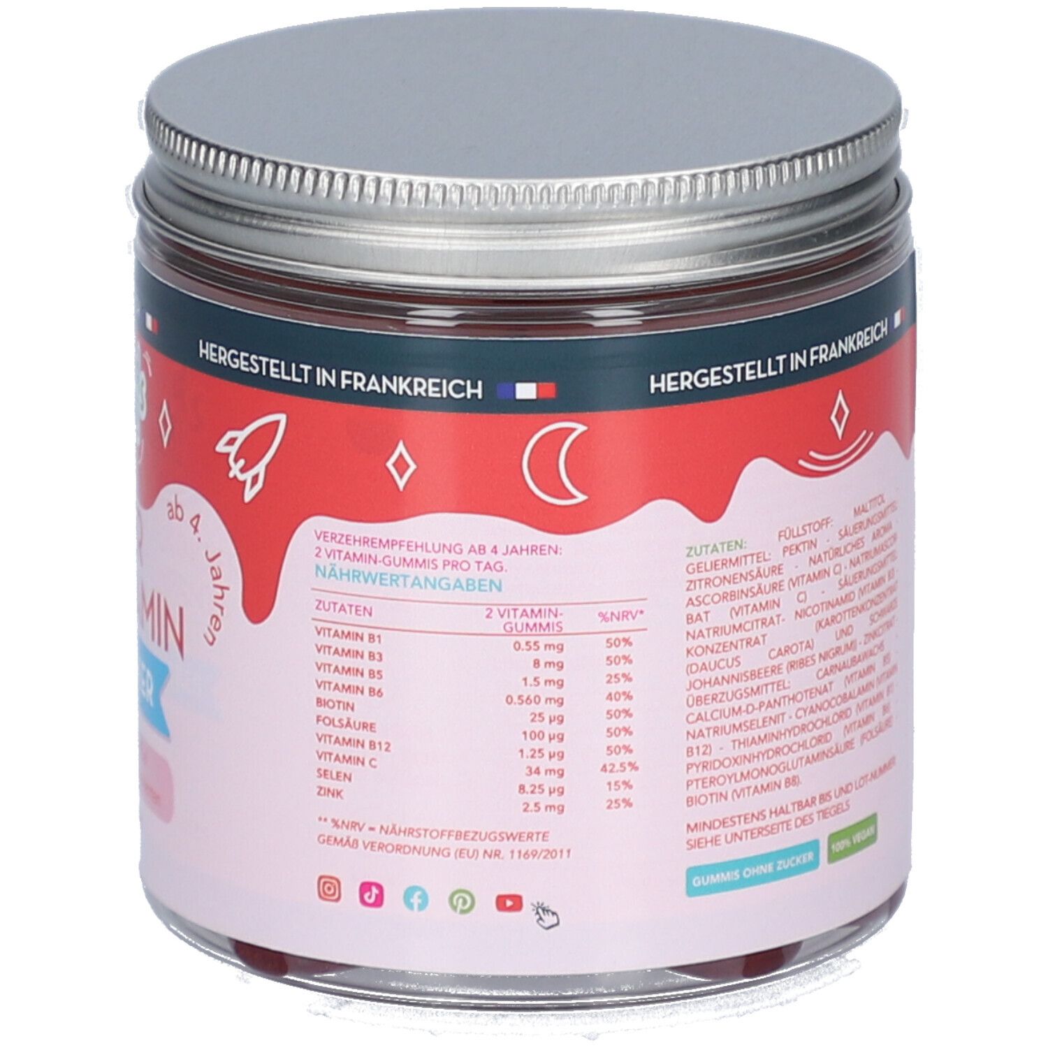 Rückseite des Glases mit MIUMLAB Kids Multivitamin. Nährwertangaben, Zutatenliste, Mindesthaltbarkeitsdatum.