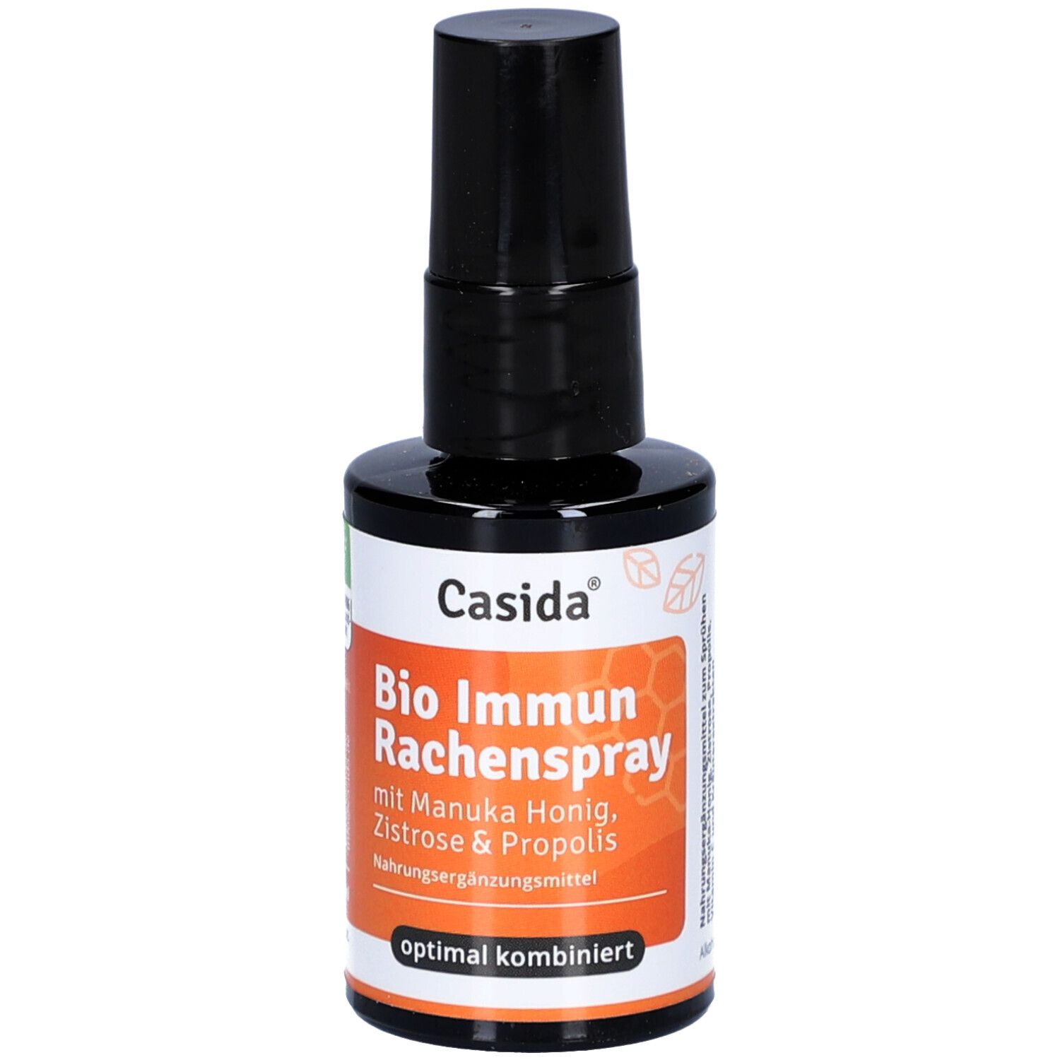 Braune Flasche mit schwarzem Sprühkopf. Aufschrift: Bio Immun Rachenspray mit Manuka Honig, Zistrose & Propolis. Marke: Casida.