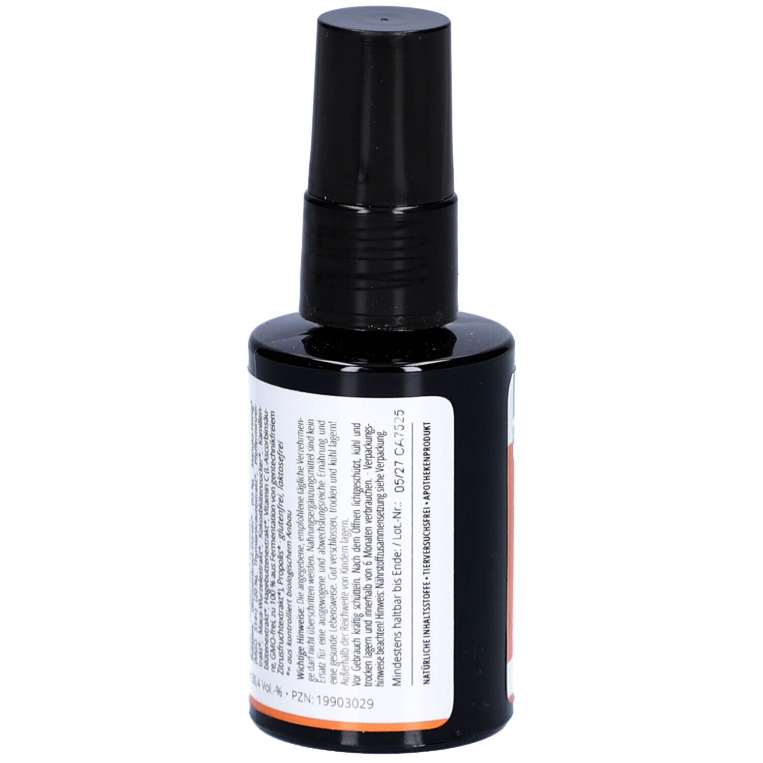 Braune Flasche mit schwarzem Sprühkopf. Aufschrift: Bio Immun Rachenspray mit Manuka Honig, Zistrose & Propolis. Marke: Casida.