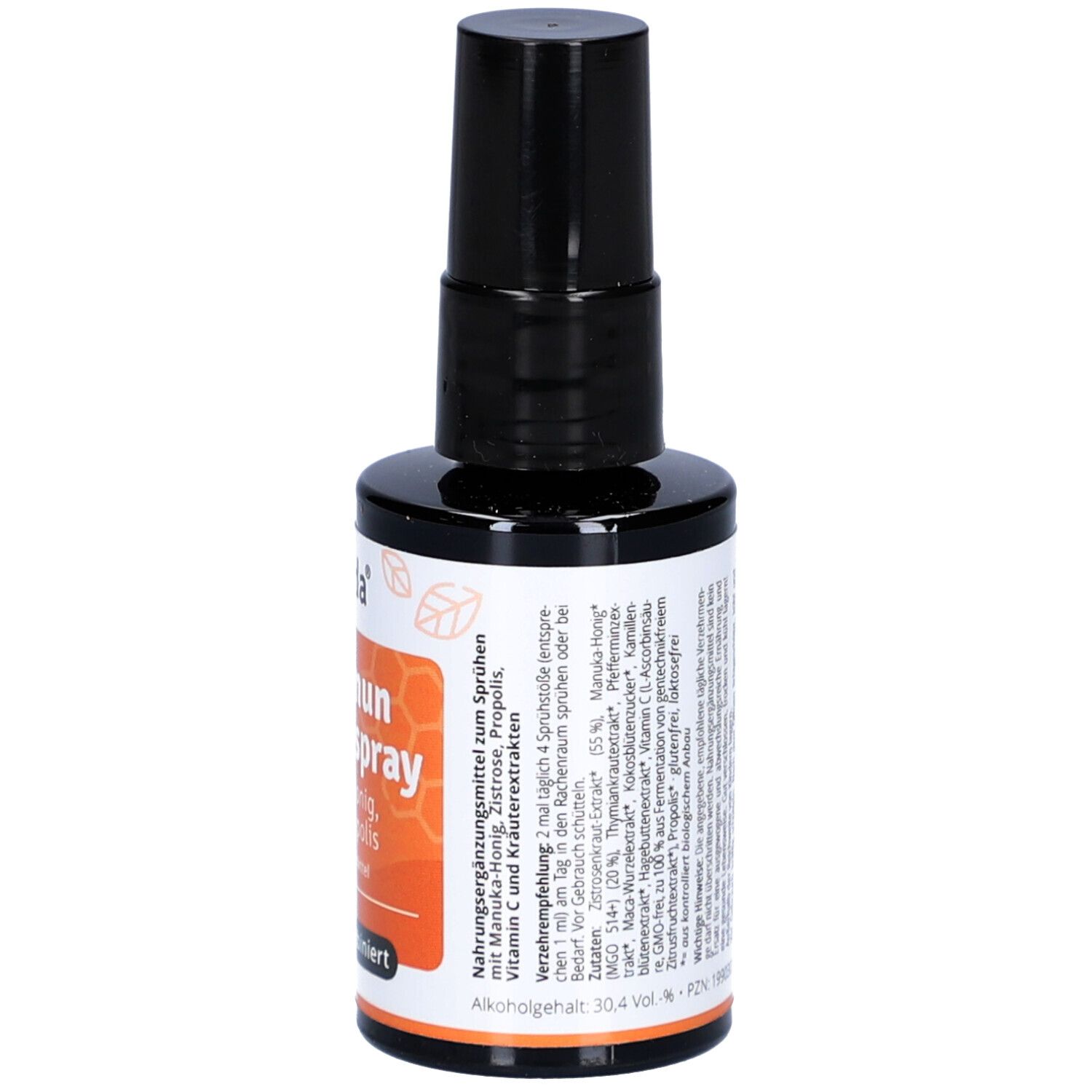 Braune Flasche mit schwarzem Sprühkopf. Aufschrift: Bio Immun Rachenspray mit Manuka Honig, Zistrose & Propolis. Marke: Casida.