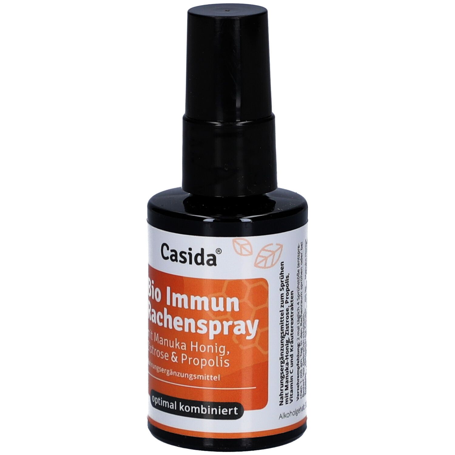 Braune Flasche mit schwarzem Sprühkopf. Aufschrift: Bio Immun Rachenspray mit Manuka Honig, Zistrose & Propolis. Marke: Casida.