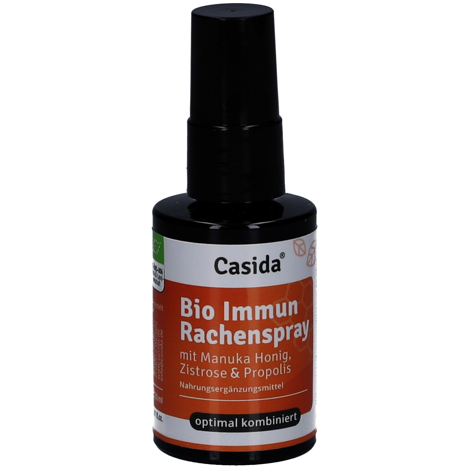 Braune Flasche mit schwarzem Sprühkopf. Aufschrift: Bio Immun Rachenspray mit Manuka Honig, Zistrose & Propolis. Marke: Casida.