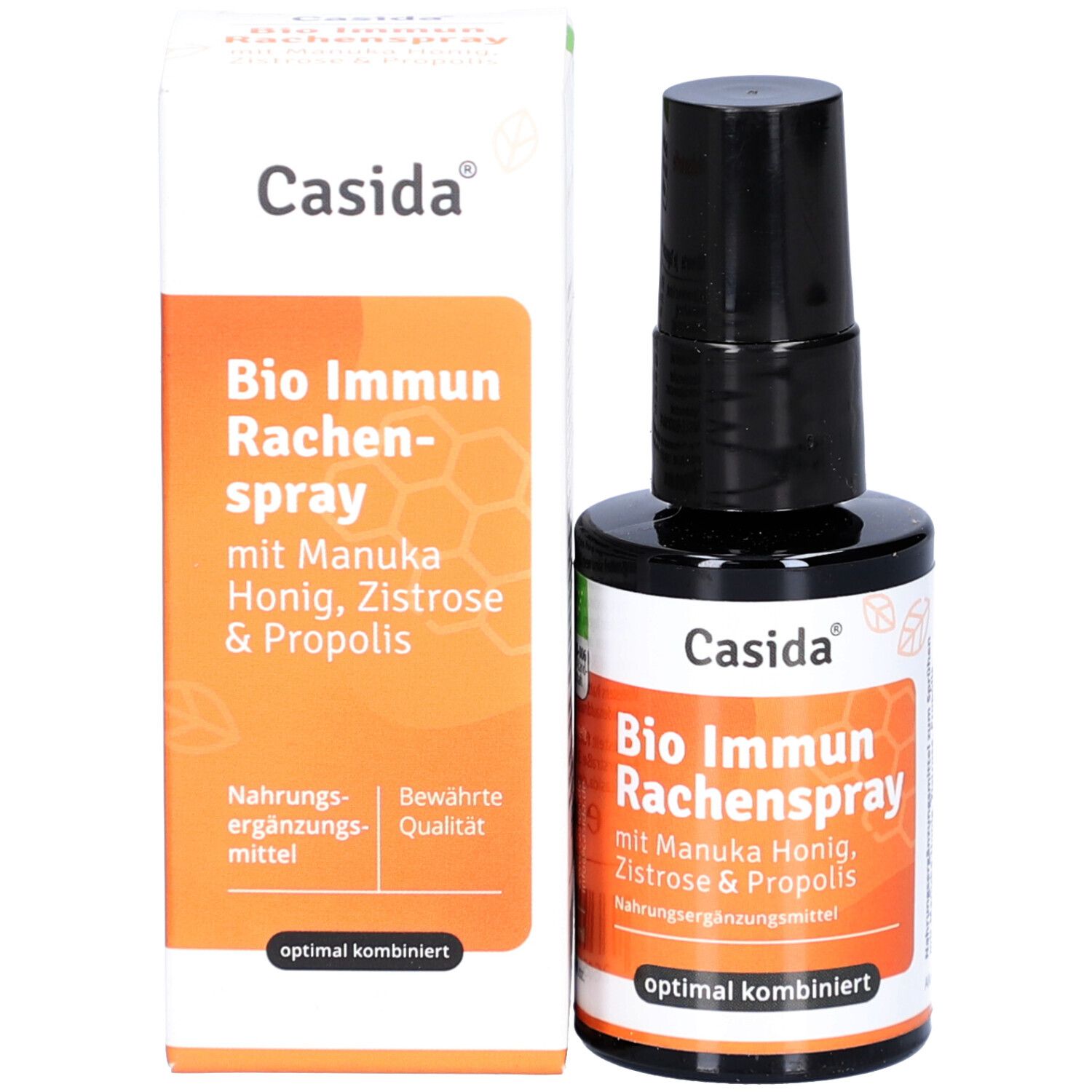 Produktverpackung mit Flasche. Aufschrift: Bio Immun Rachenspray mit Manuka Honig, Zistrose & Propolis. Marke: Casida.