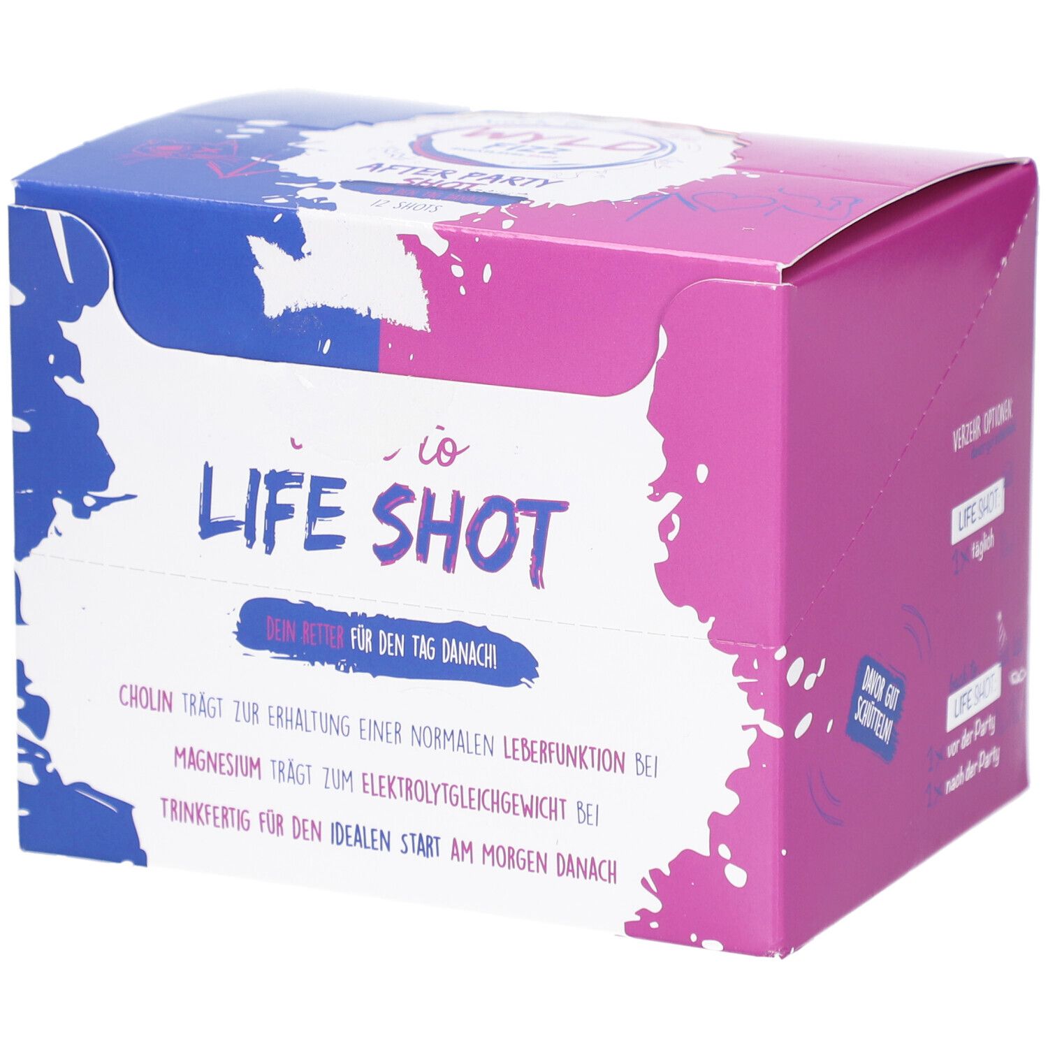 Karton von WYLD FIZZ LIFE SHOT. Rosa, blau und weiß. Text: LIFE SHOT, dein Retter für den Tag danach. Enthält Cholin und Magnesium.