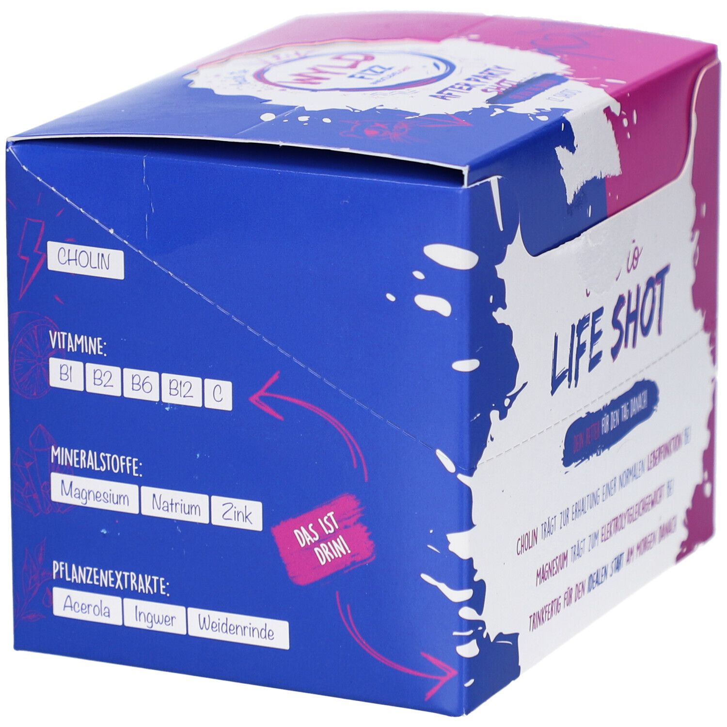 Karton von WYLD FIZZ LIFE SHOT. Blau, rosa und weiß. Text: LIFE SHOT. Enthält Vitamine, Mineralstoffe und Pflanzenextrakte. 'Das ist drin' Text.