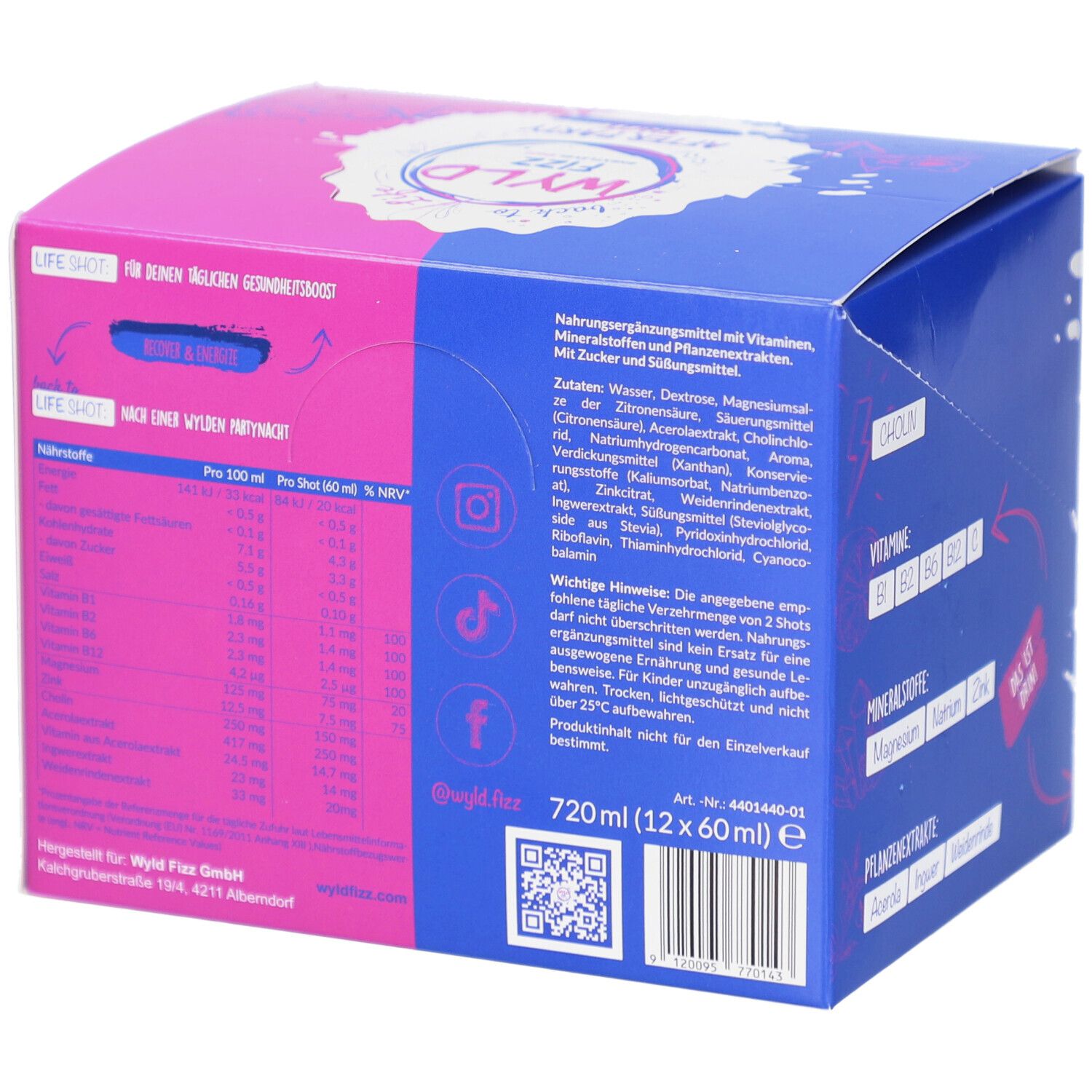 Karton von WYLD FIZZ LIFE SHOT. Rosa, blau und weiß. Text: LIFE SHOT. Enthält Nährwertangaben und Zutaten. 720 ml (12 x 60 ml) e.