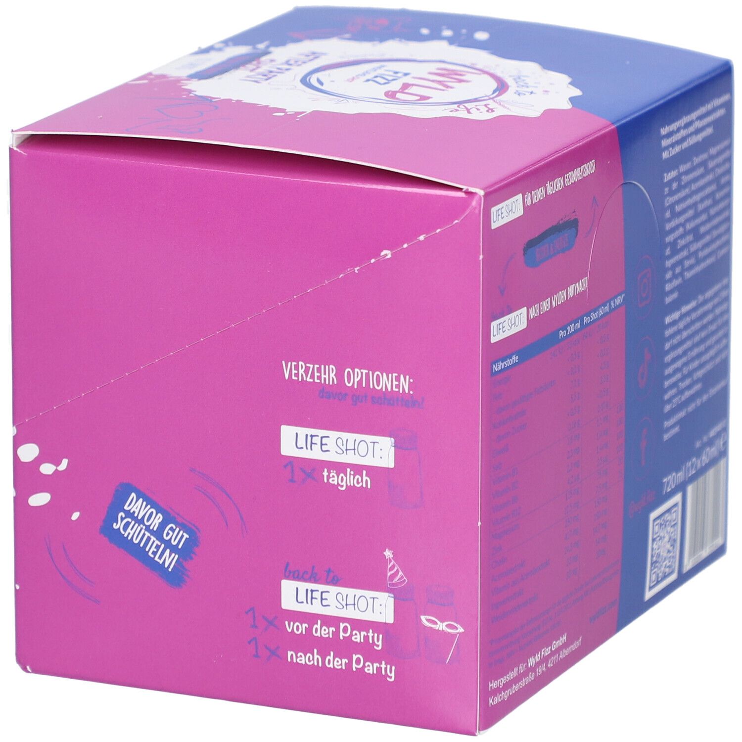 Karton von WYLD FIZZ LIFE SHOT. Rosa und blau. Text: LIFE SHOT. Verzehr Optionen: 1x täglich, 1x vor/nach der Party. 'Davor gut schütteln!'