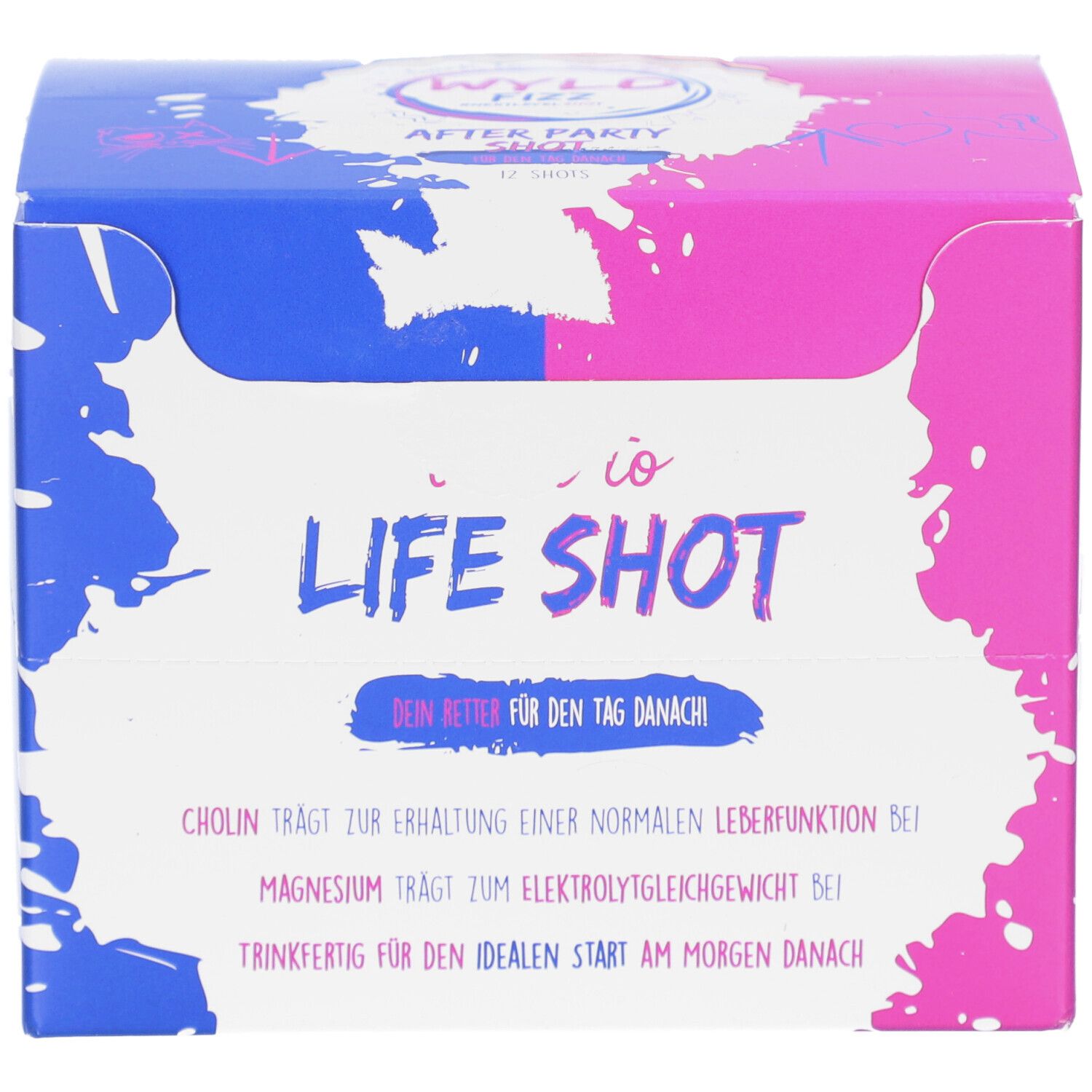 Karton von WYLD FIZZ LIFE SHOT. Rosa, blau und weiß. Text: LIFE SHOT, dein Retter für den Tag danach. Enthält Cholin und Magnesium.