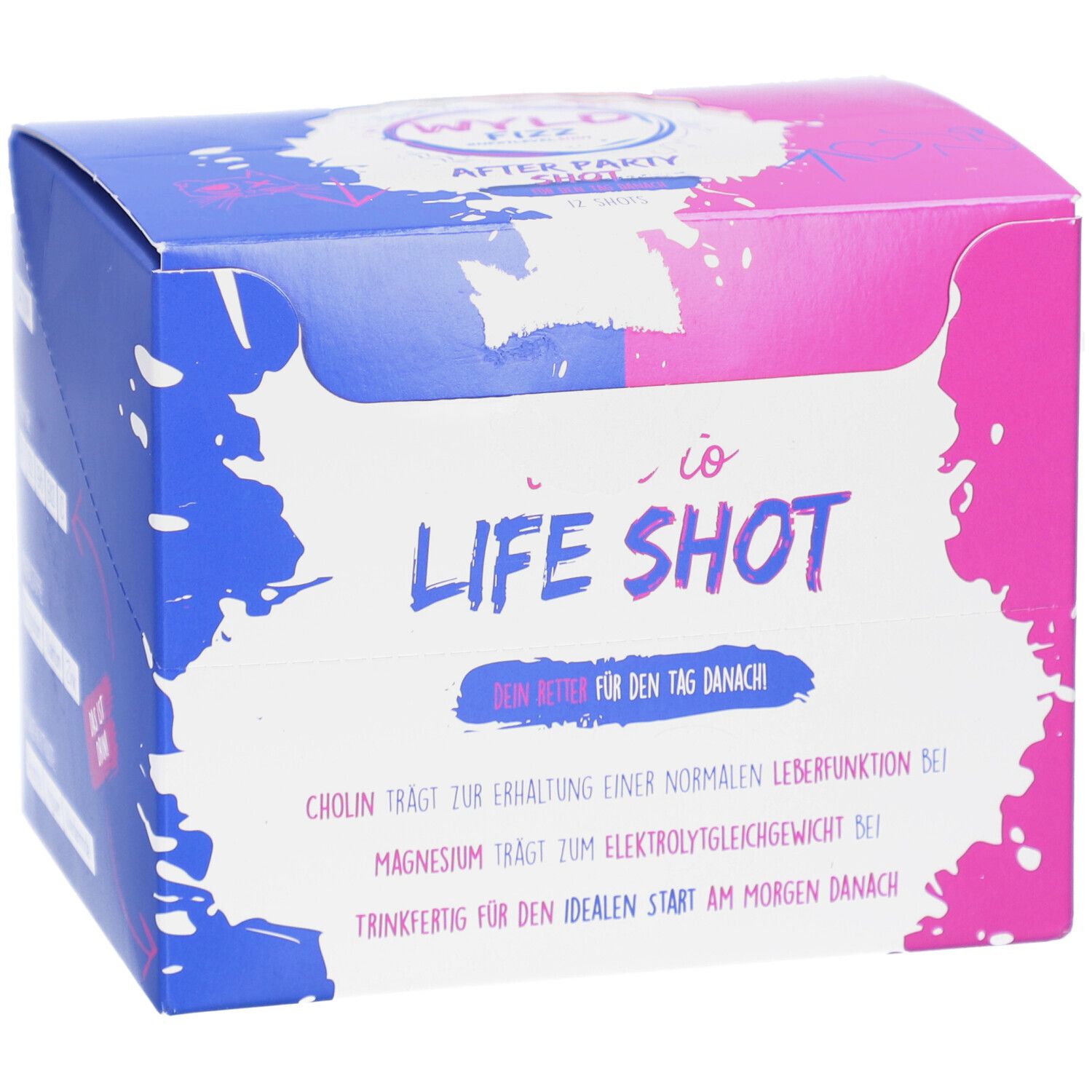 Karton von WYLD FIZZ LIFE SHOT. Rosa, blau und weiß. Text: LIFE SHOT, dein Retter für den Tag danach. Enthält Cholin und Magnesium.