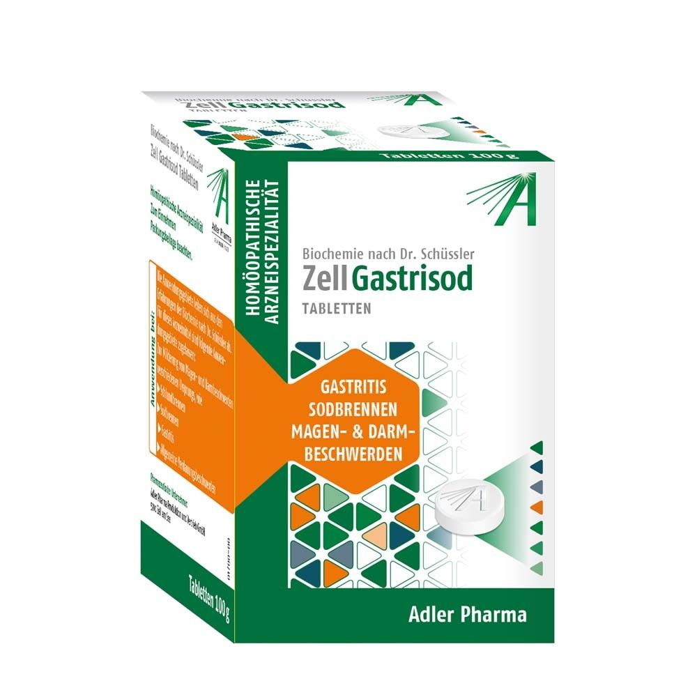 Schachtel Zell Gastrisod Tabletten. Grün-weiß-orange. Text: Gastritis, Sodbrennen, Magen- & Darmbeschwerden. Adler Pharma Logo.