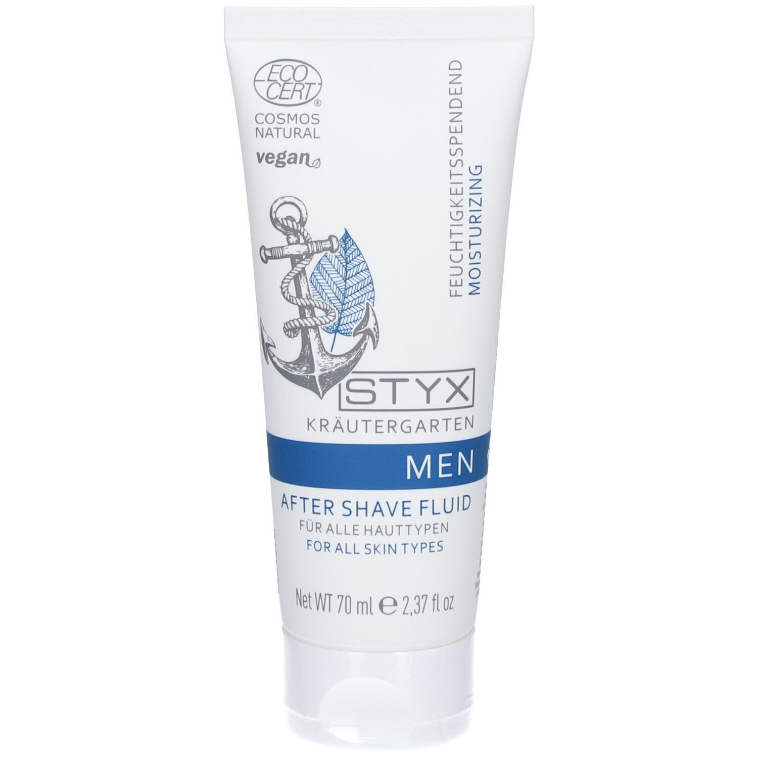 Weiße Tube mit blauer Schrift und Logo. Enthält After Shave Fluid. Vegan, Eco Cert.