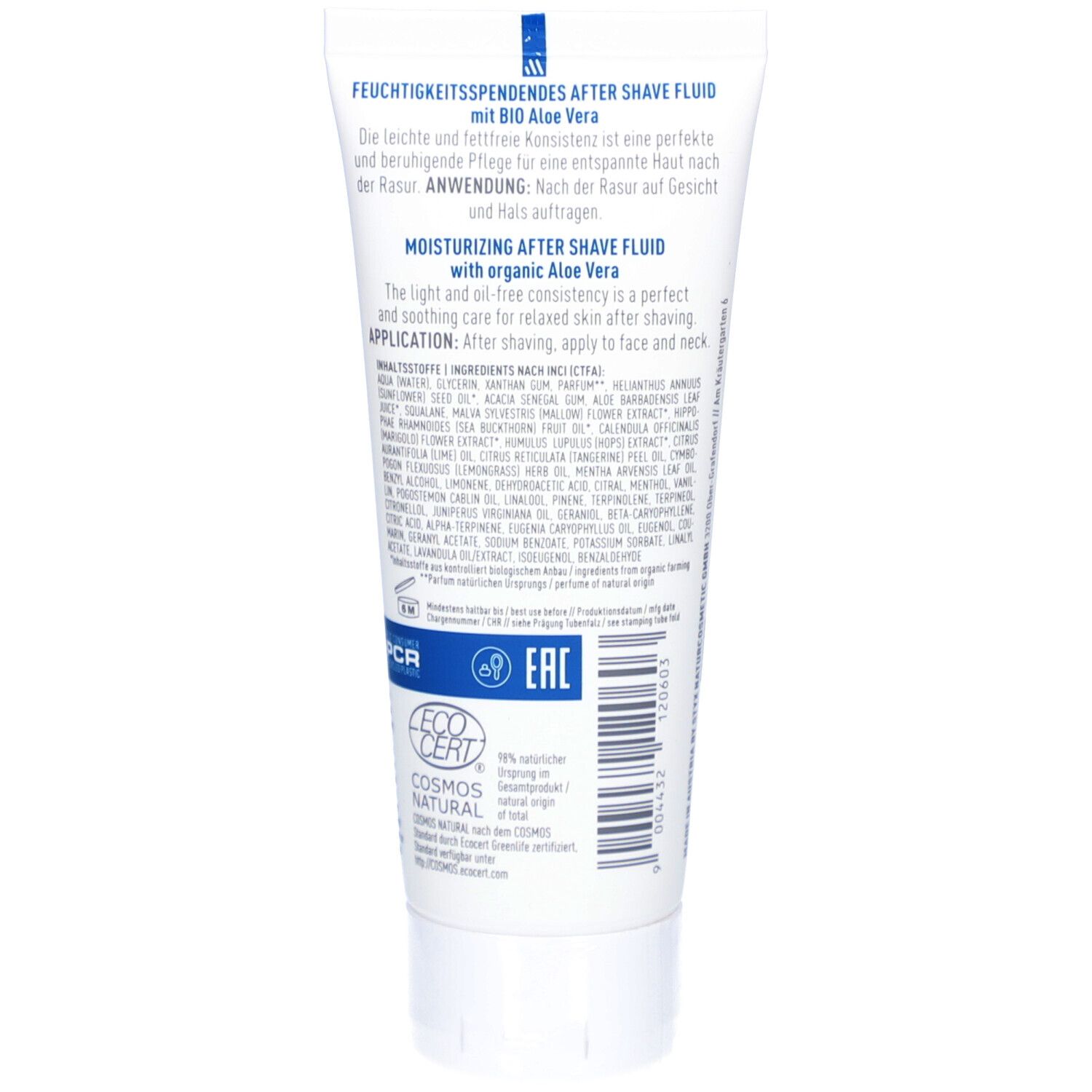 Rückseite der Tube. Enthält Text in Deutsch und Englisch. Eco Cert-Logo.