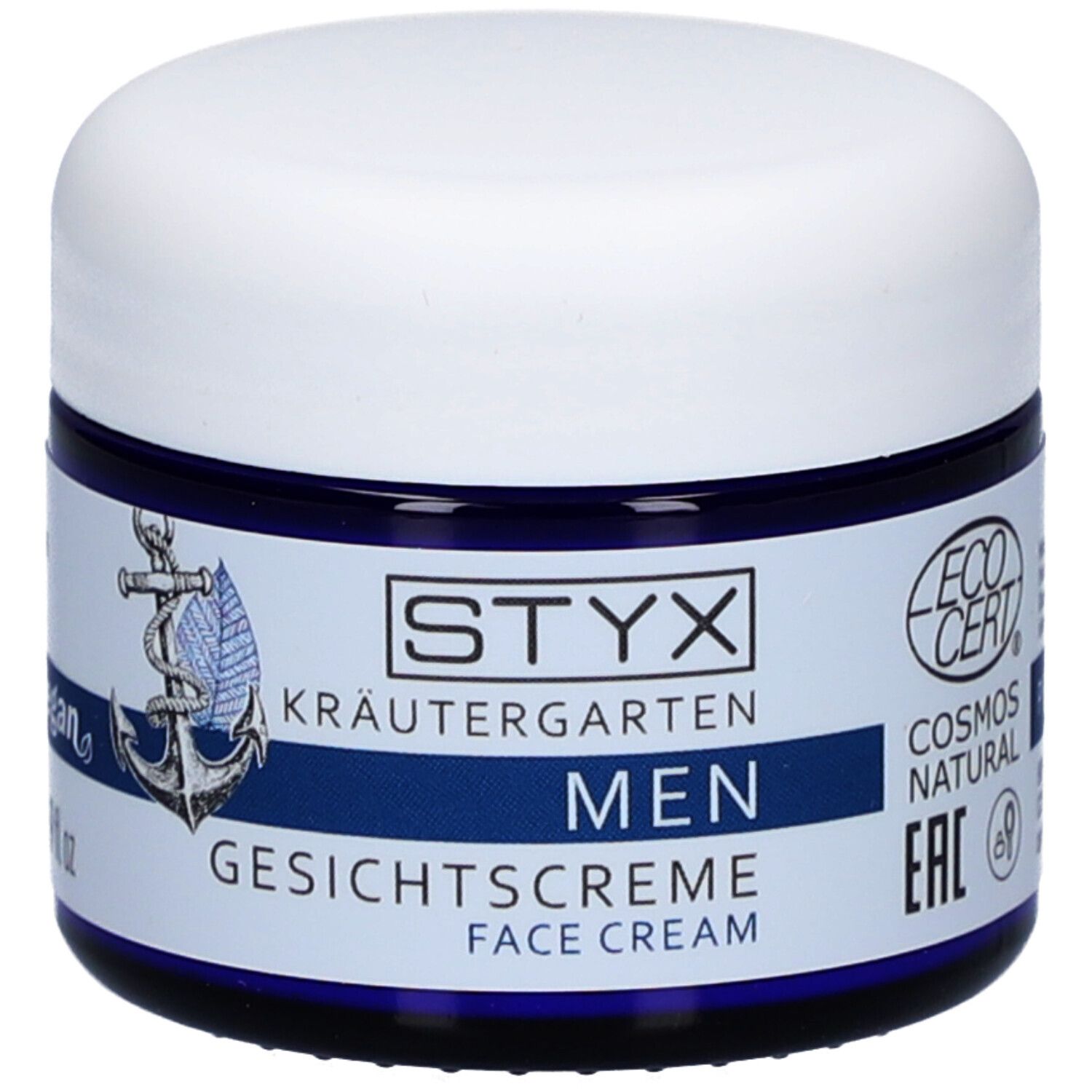 Blaue Dose mit weißem Deckel. Aufschrift: STYX Kräutergarten MEN Gesichtscreme. ECO CERT-Siegel.