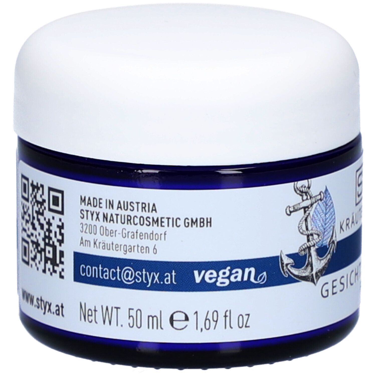 Blaue Dose mit weißem Deckel. Aufschrift: STYX Kräutergarten MEN Gesichtscreme. Vegan-Siegel. ECO CERT.