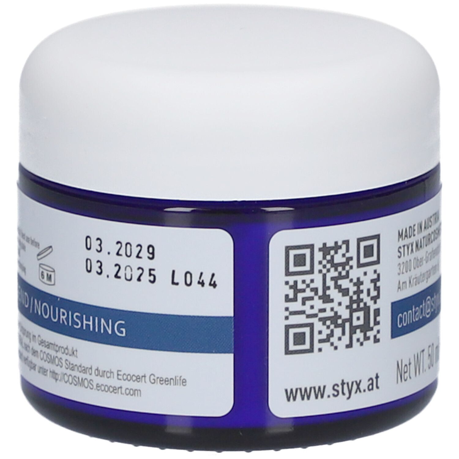 Blaue Dose mit weißem Deckel. Aufschrift: STYX. Mindesthaltbarkeitsdatum. QR-Code. ECO CERT.