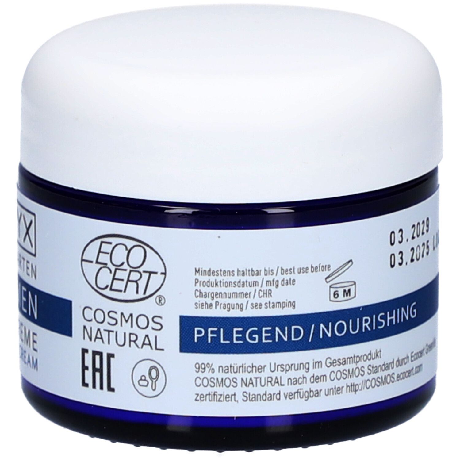 Blaue Dose mit weißem Deckel. Aufschrift: STYX. ECO CERT-Siegel. Pflege/Nourishing. Mindesthaltbarkeit.