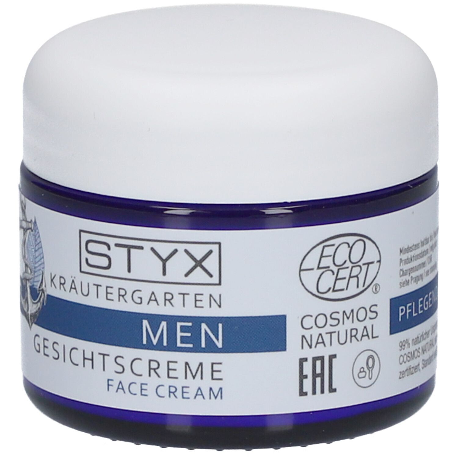 Blaue Dose mit weißem Deckel. Aufschrift: STYX Kräutergarten MEN Gesichtscreme. ECO CERT-Siegel.