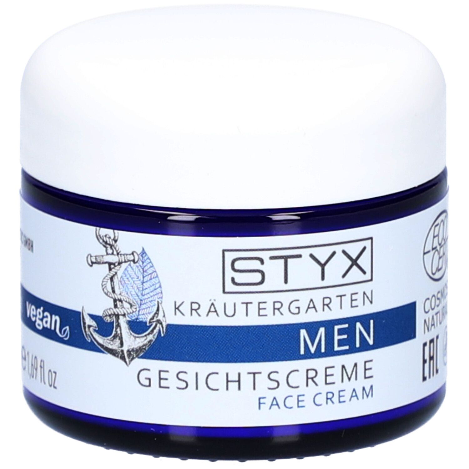Blaue Dose mit weißem Deckel. Aufschrift: STYX Kräutergarten MEN Gesichtscreme. Vegan-Siegel. ECO CERT.