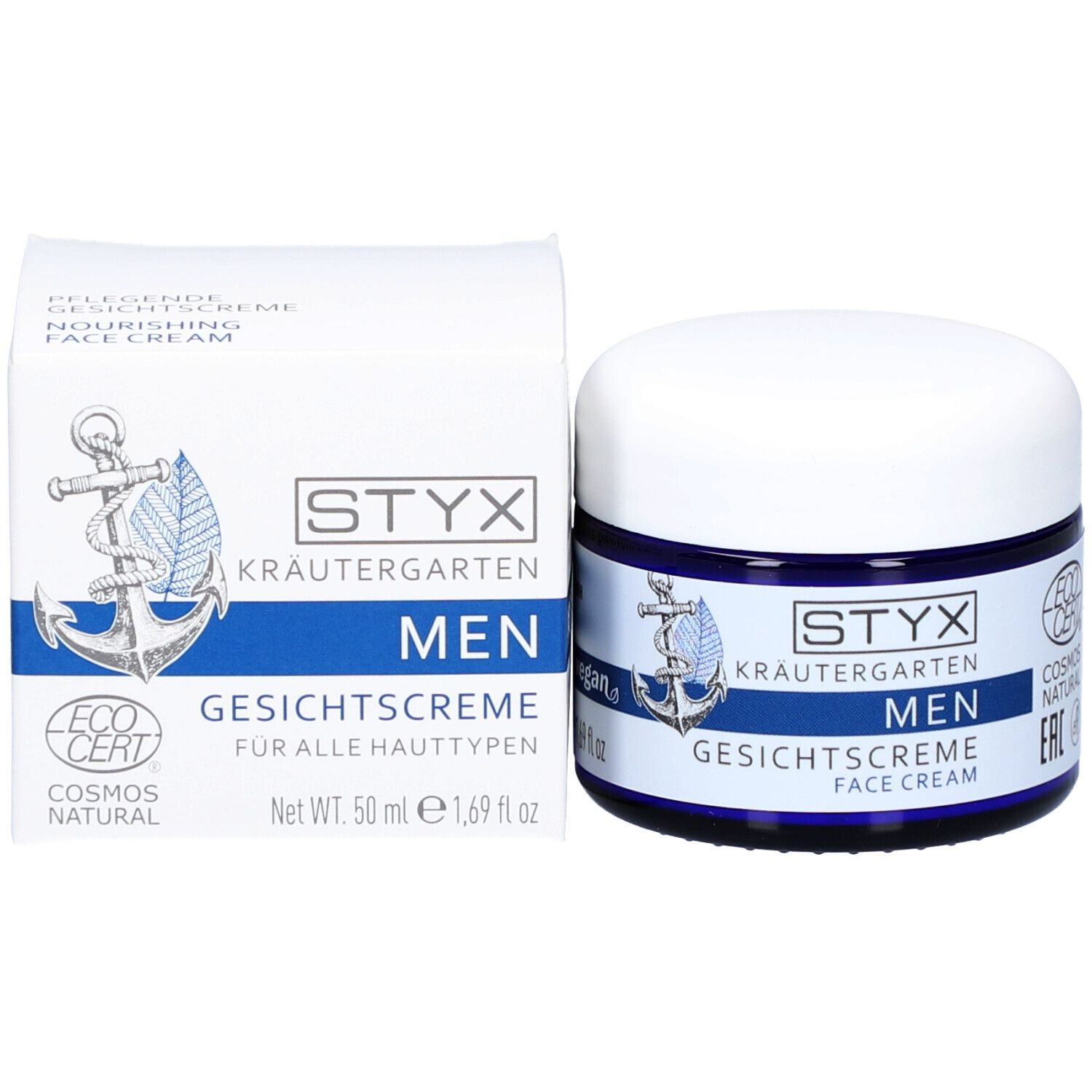 Produktverpackung: Dose und Karton. Aufschrift: STYX Kräutergarten MEN Gesichtscreme. ECO CERT-Siegel.