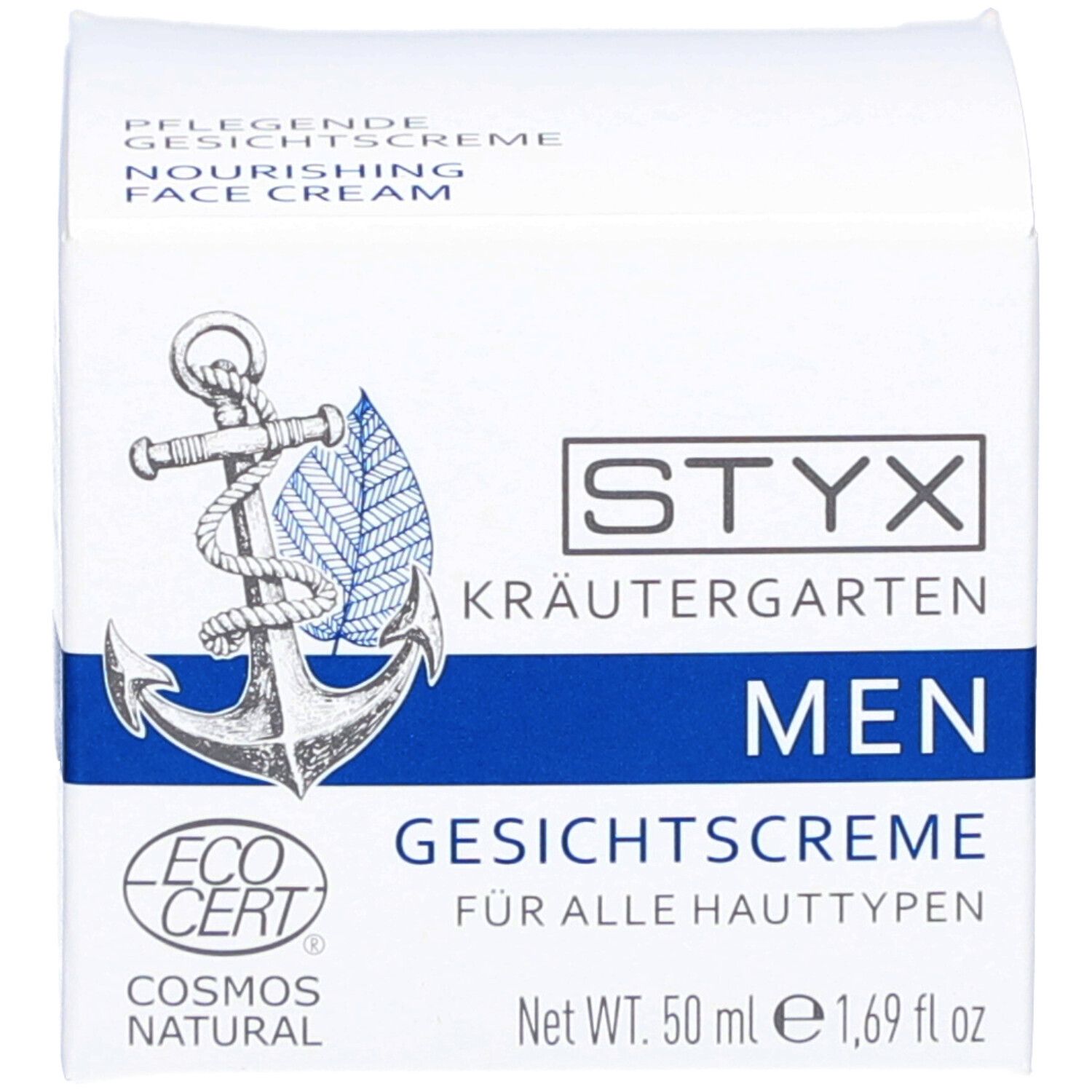 Kartonverpackung. Aufschrift: STYX Kräutergarten MEN Gesichtscreme. ECO CERT-Siegel. Für alle Hauttypen.