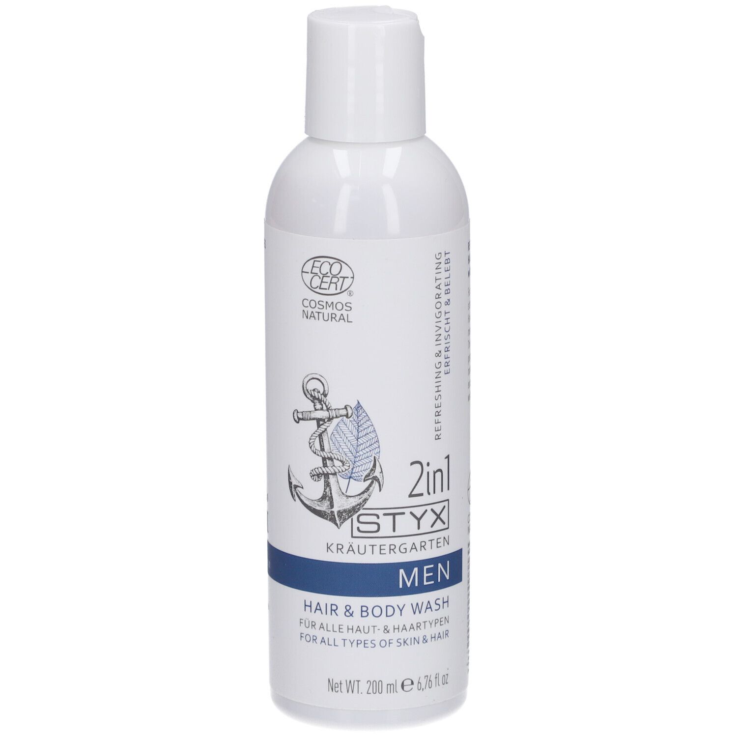 Weiße Flasche STYX MEN Hair & Body Wash. Logo mit Anker und Blättern. Text: 2in1, Kräutergarten, für Haut & Haar.