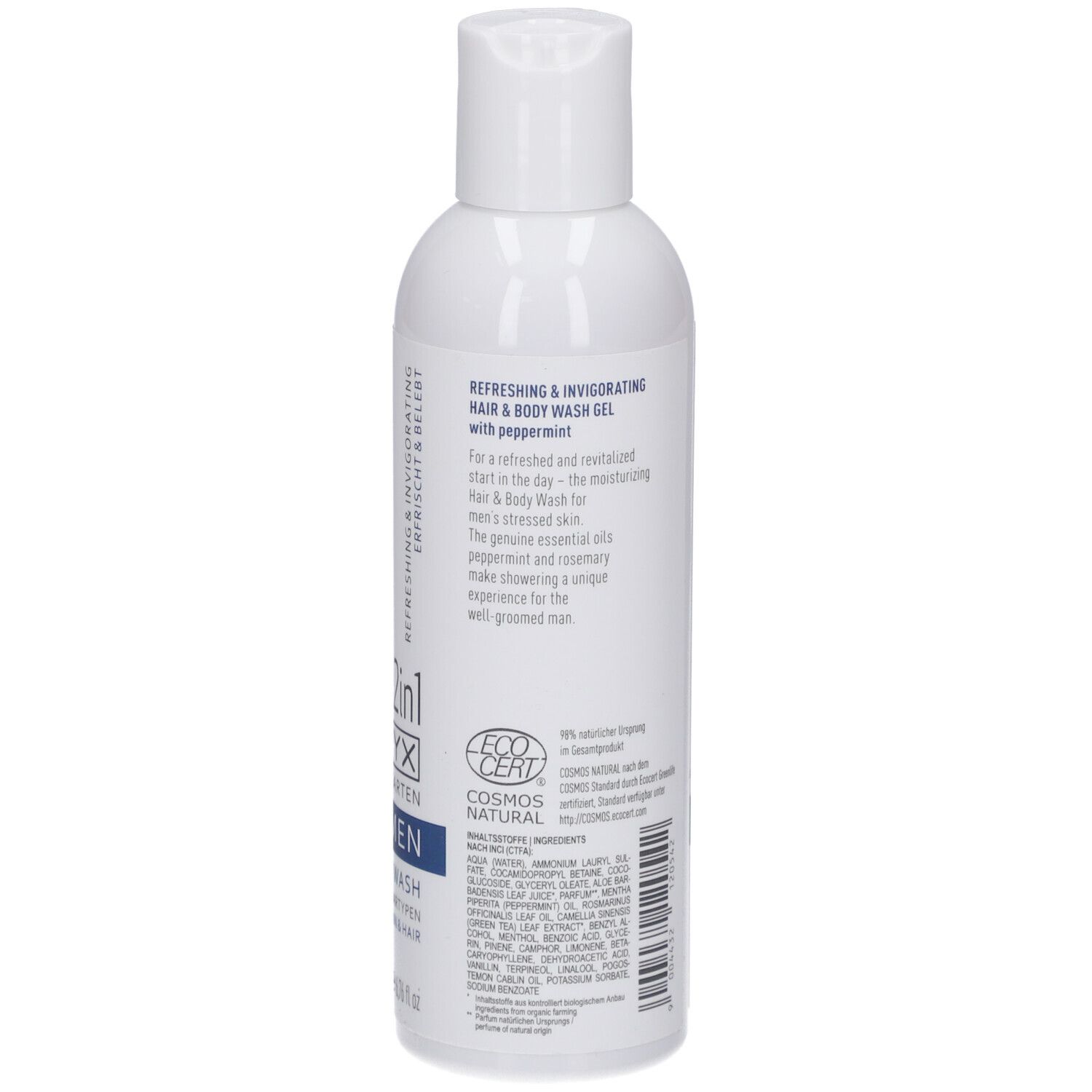 Rückseite der weißen Flasche STYX MEN Hair & Body Wash. Text mit Pfefferminze. Cosmos Natural Zertifizierung.