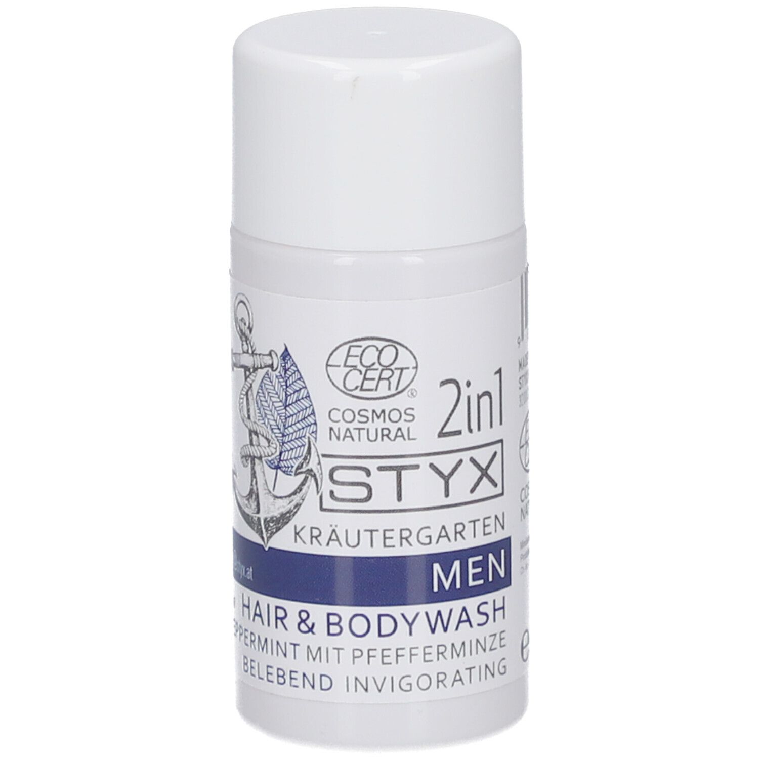 Weiß-blaue Flasche mit STYX MEN Hair & Body Wash. ECO CERT-Logo, Kräutergarten, 2in1. Enthält Pfefferminze. 
