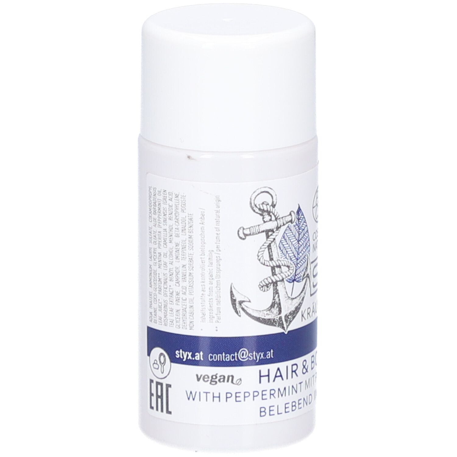 Weiße Flasche mit STYX MEN Hair & Body Wash. Vegan-Logo, Kräutergarten, 2in1. Enthält Pfefferminze. ECOCERT-Logo.