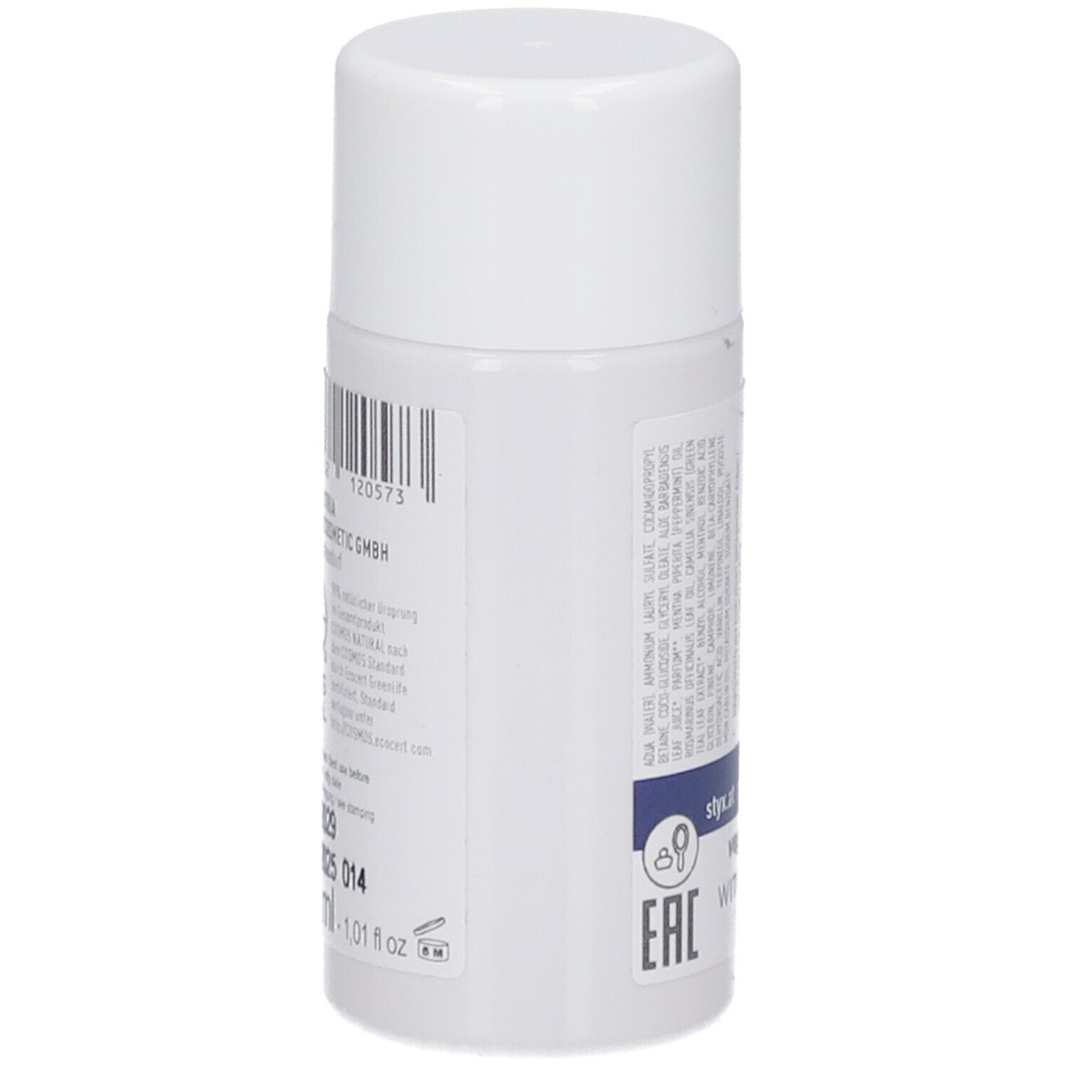 Weiße Flasche mit Barcode und Text. ECOCERT-Logo. Text: styx.at, contact@styx.at, vegan. 30 ml.