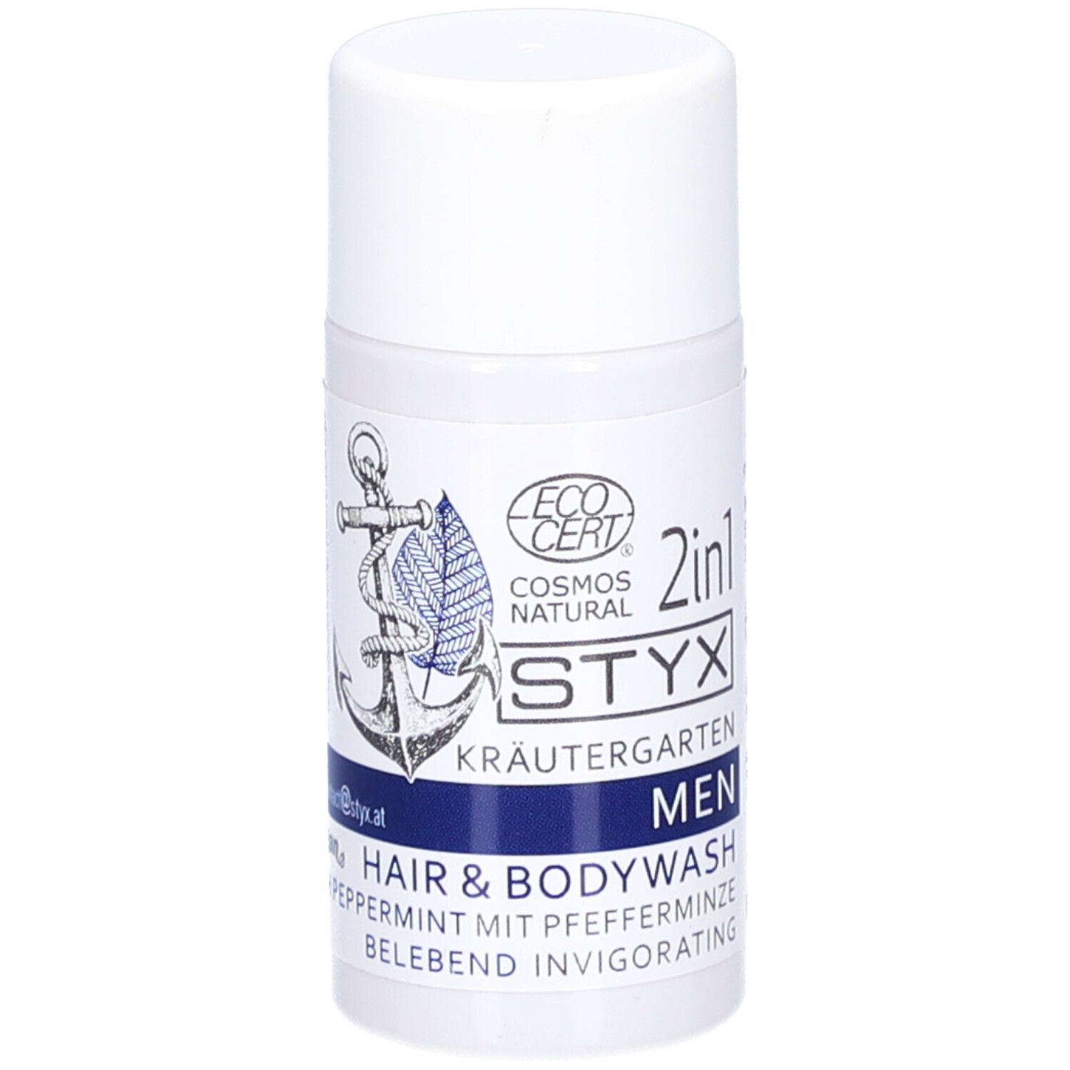 Weiße Flasche mit STYX MEN Hair & Body Wash. ECO CERT-Logo, Kräutergarten, 2in1. Enthält Pfefferminze. 