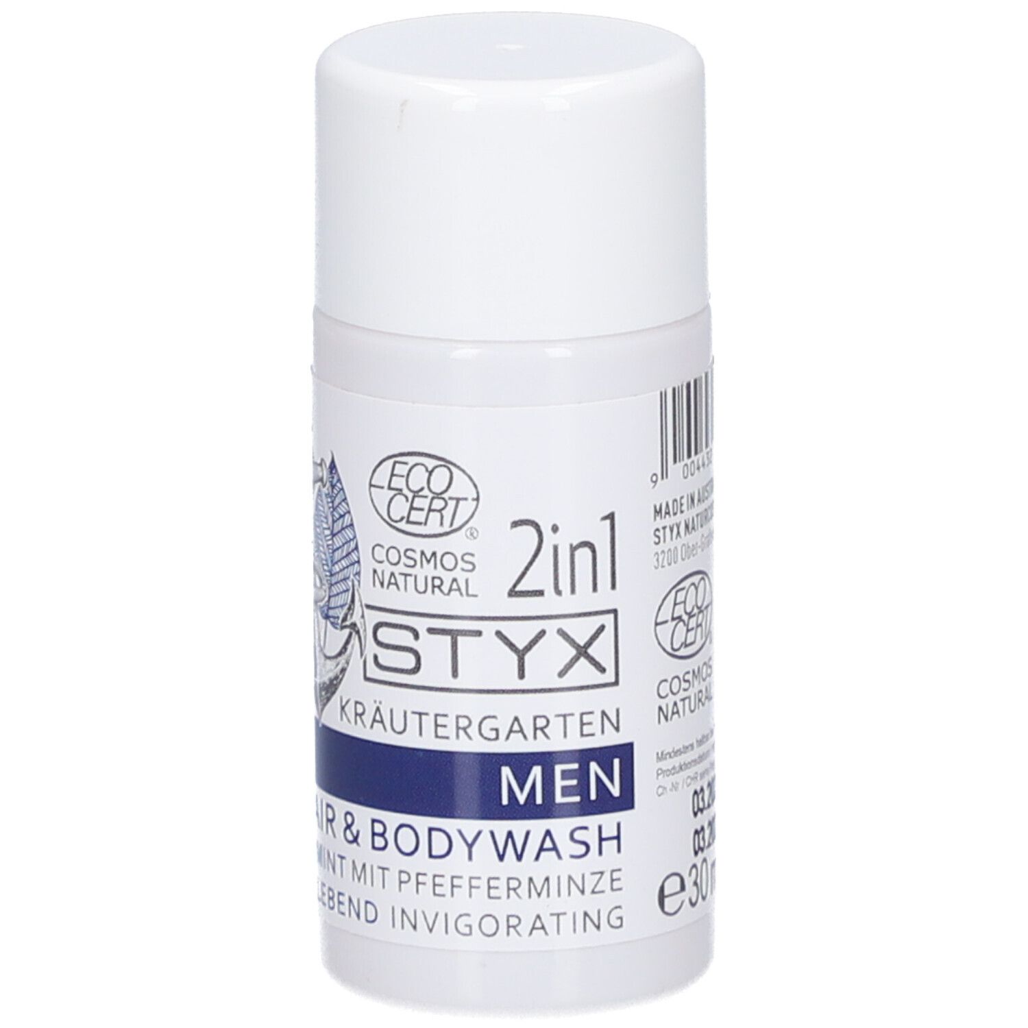 Weiße Flasche mit STYX MEN Hair & Body Wash. ECO CERT-Logo, Kräutergarten, 2in1. Enthält Pfefferminze. 30ml.