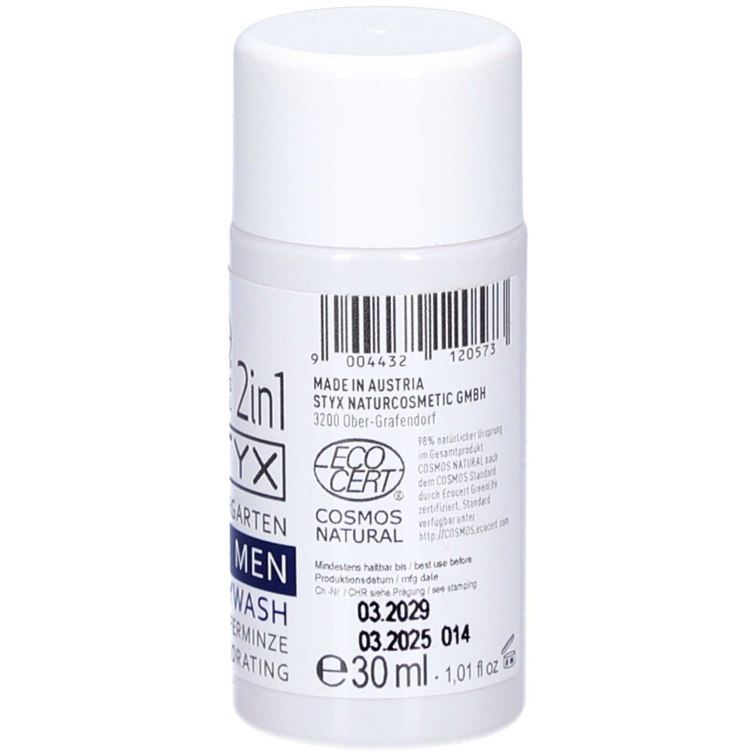 Weiße Flasche mit STYX MEN Hair & Body Wash. ECO CERT-Logo, Kräutergarten, 2in1. Enthält Pfefferminze. 30ml. Haltbarkeit.