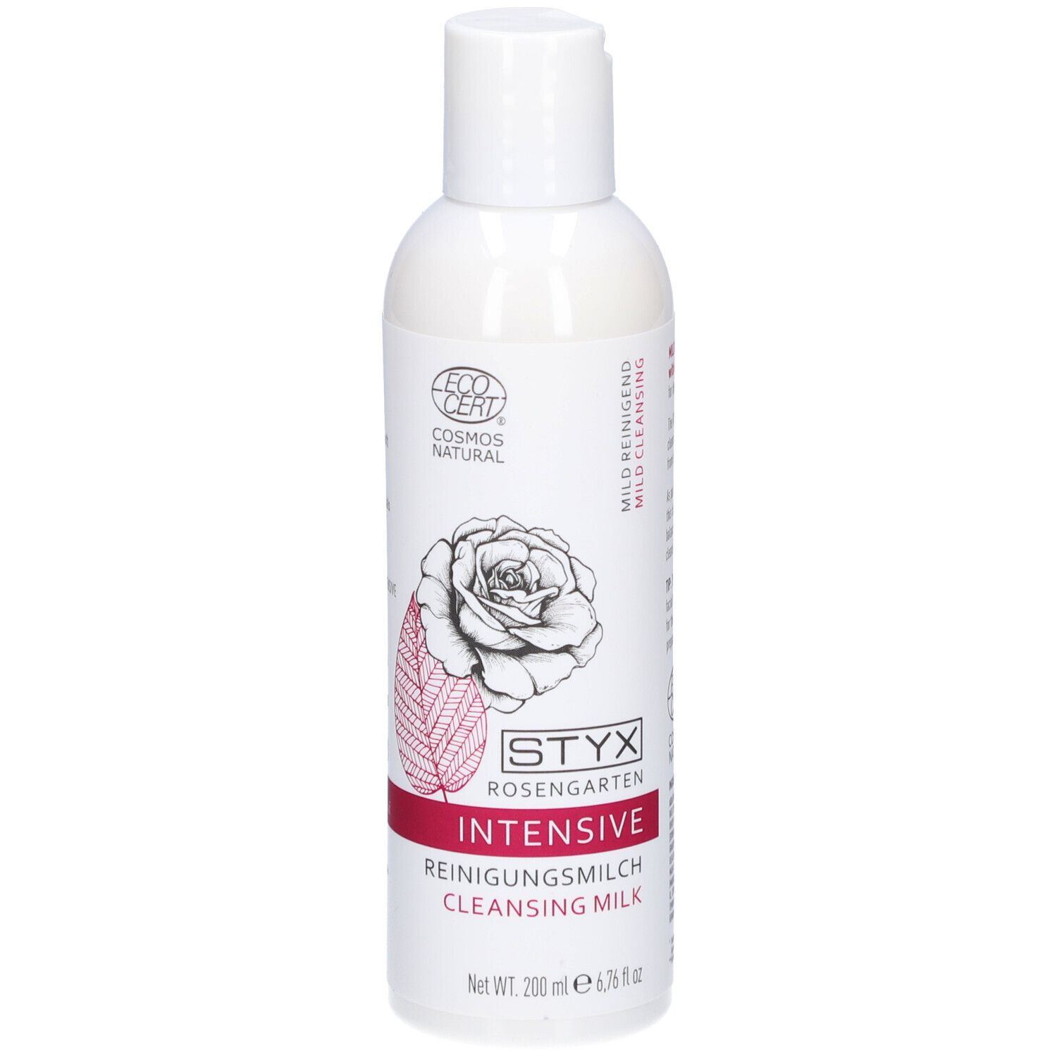 Weiße Flasche mit STYX Rosengarten Reinigungsmilch. Aufdrucke: Logo, Rose, "Intensive", "Reinigungsmilch", "Cosmos Natural".
