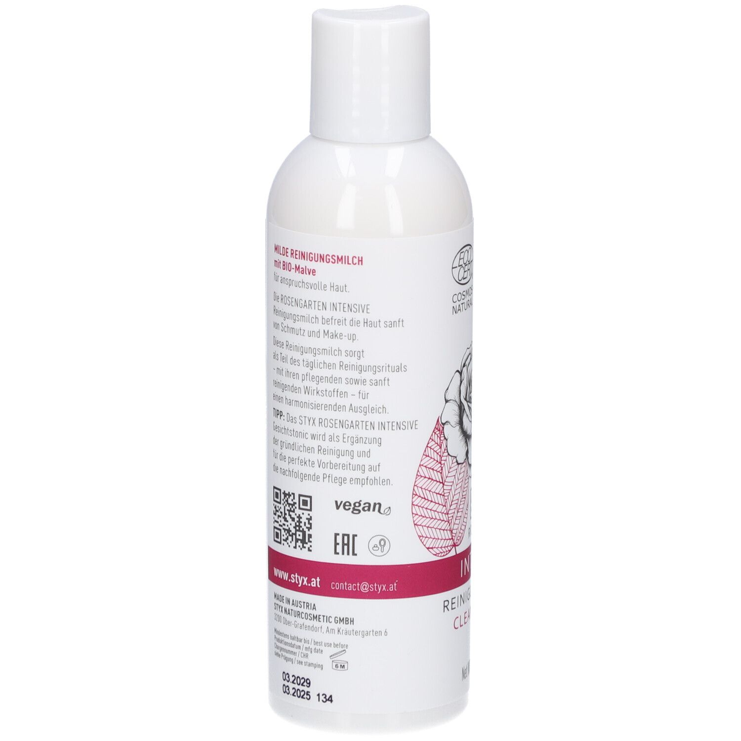 Rückseite der weißen Flasche STYX Rosengarten Reinigungsmilch. Text, QR-Code, Vegan-Logo, ECOCERT-Logo, Rose-Grafik.