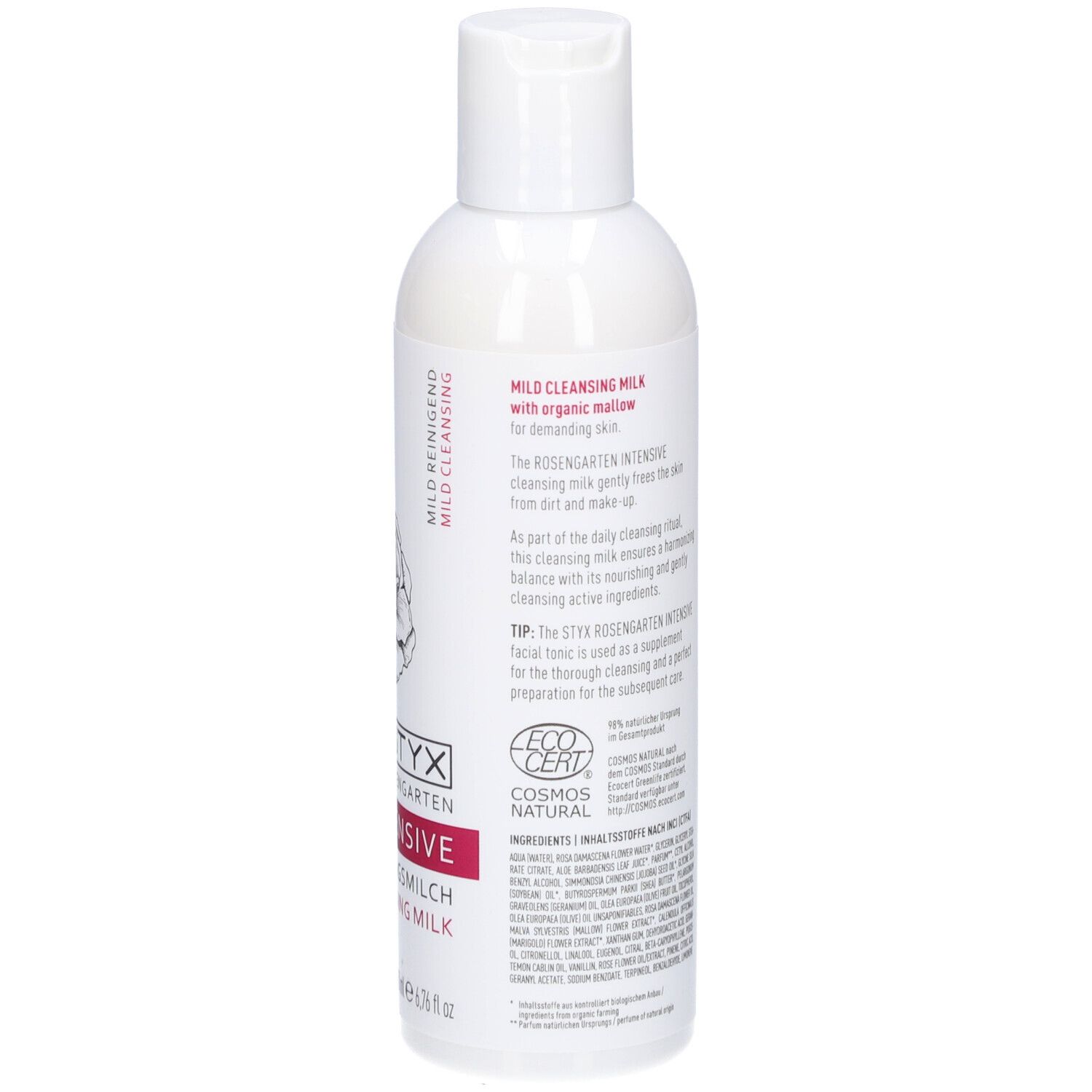 Weiße Flasche STYX Rosengarten Reinigungsmilch. Text, Logo, Rose-Grafik, ECOCERT-Logo.