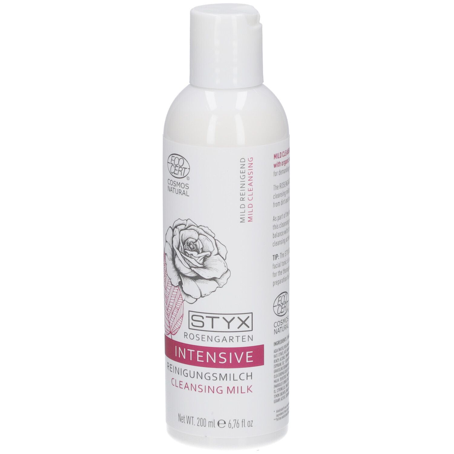 Weiße Flasche STYX Rosengarten Reinigungsmilch. Text, Logo, Rose-Grafik, ECOCERT-Logo.