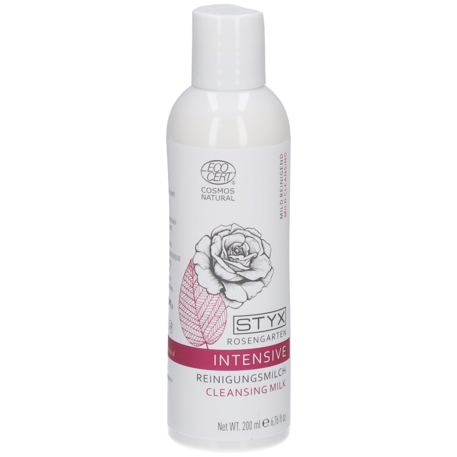Weiße Flasche STYX Rosengarten Reinigungsmilch. Text, Logo, Rose-Grafik, ECOCERT-Logo.
