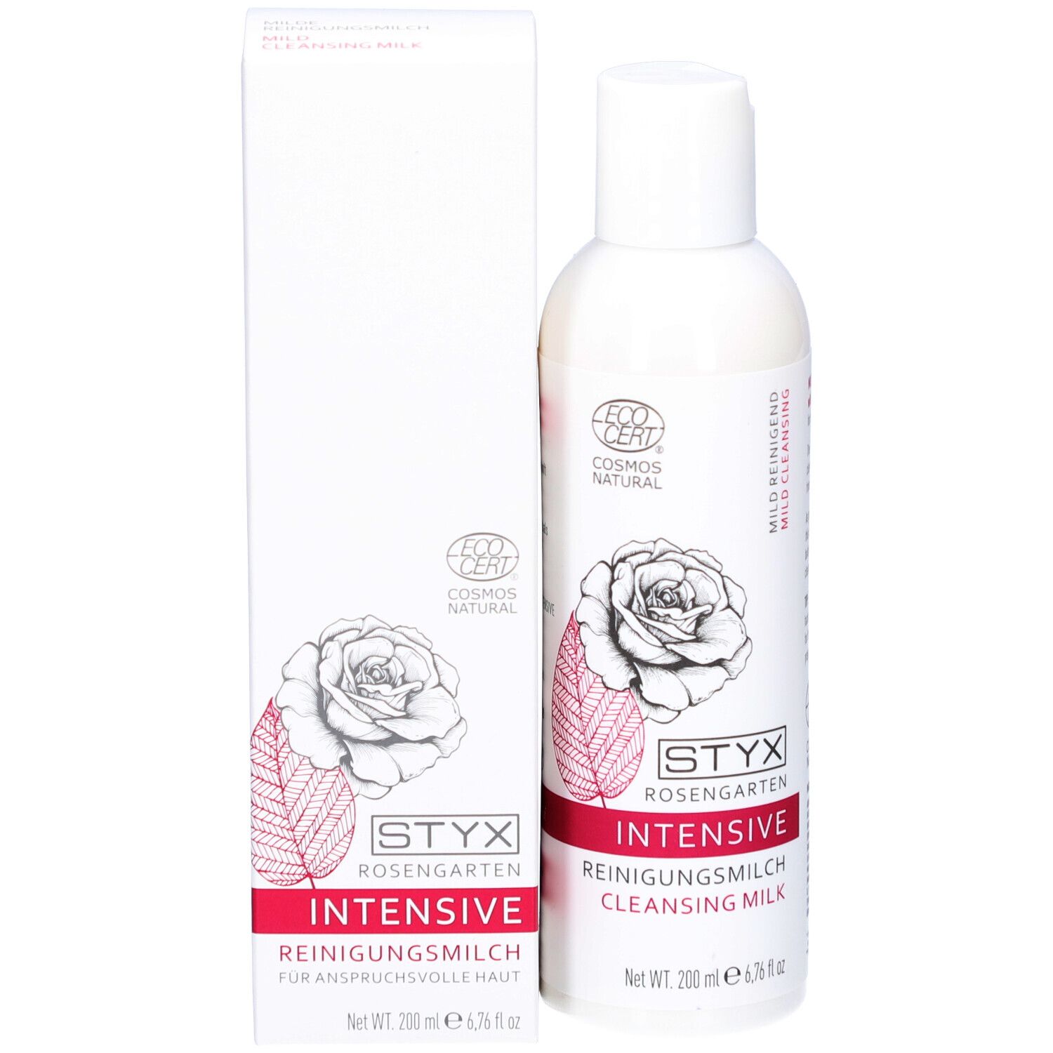 STYX Rosengarten Reinigungsmilch mit Verpackung. Flasche und Schachtel. Text, Logo, Rose-Grafik, ECOCERT-Logo.