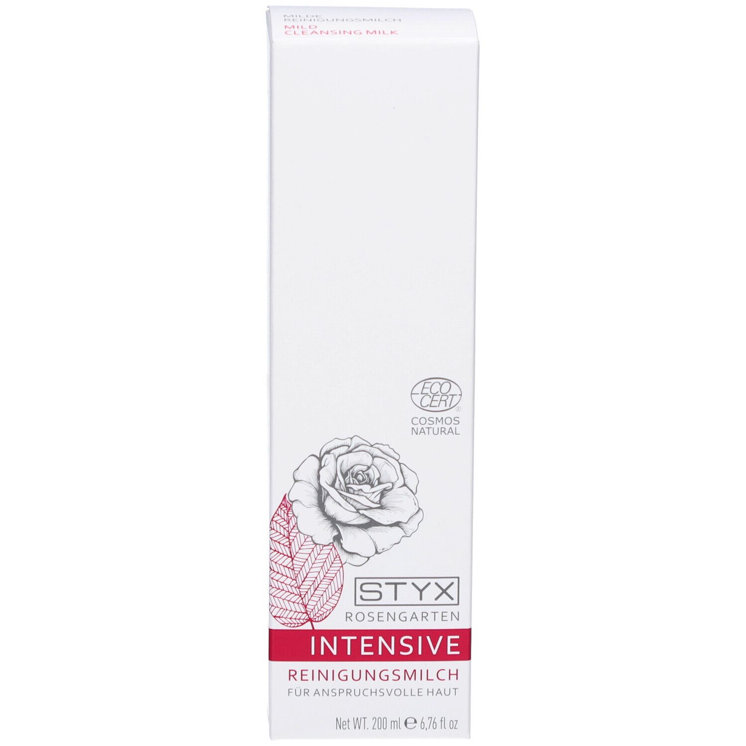 Verpackung von STYX Rosengarten Reinigungsmilch. Text, Logo, Rose-Grafik, ECOCERT-Logo.