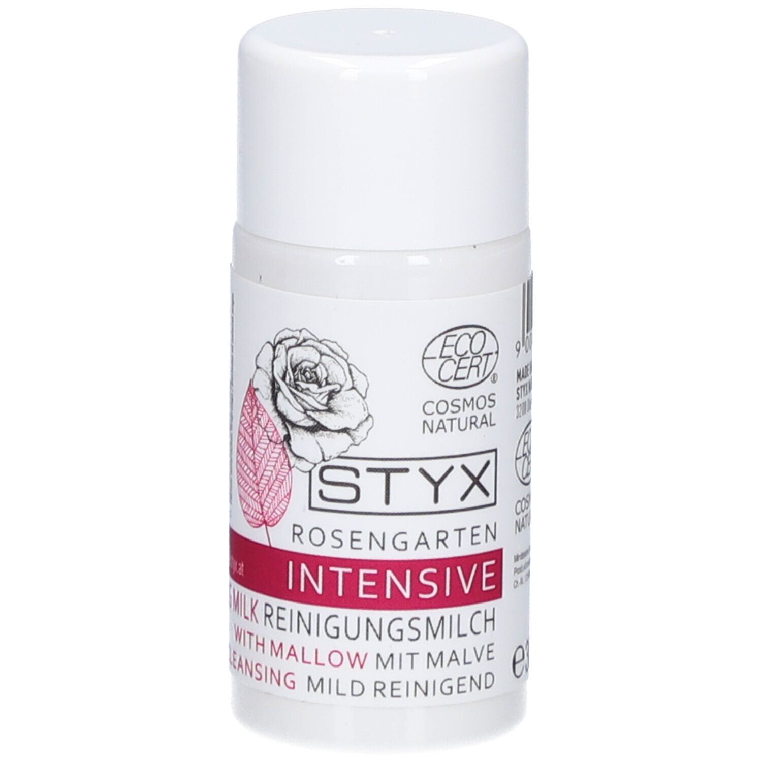 Weiße Flasche mit STYX Rosengarten Reinigungsmilch. Roter Streifen mit Text. ECOCERT-Logo.
