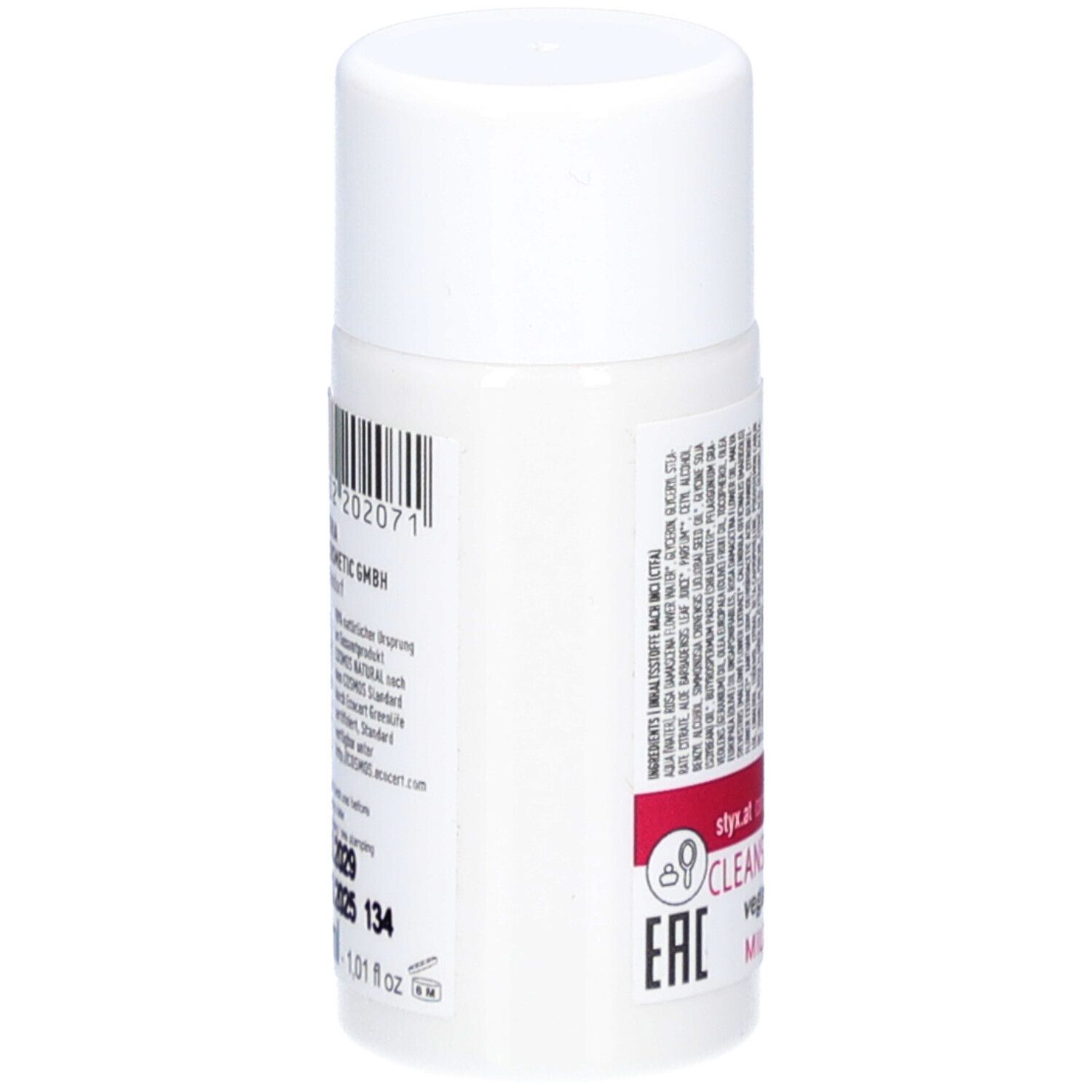 Weiße Flasche mit Barcode und Text. ECOCERT-Logo. Vegan-Siegel. Kontaktinformationen.