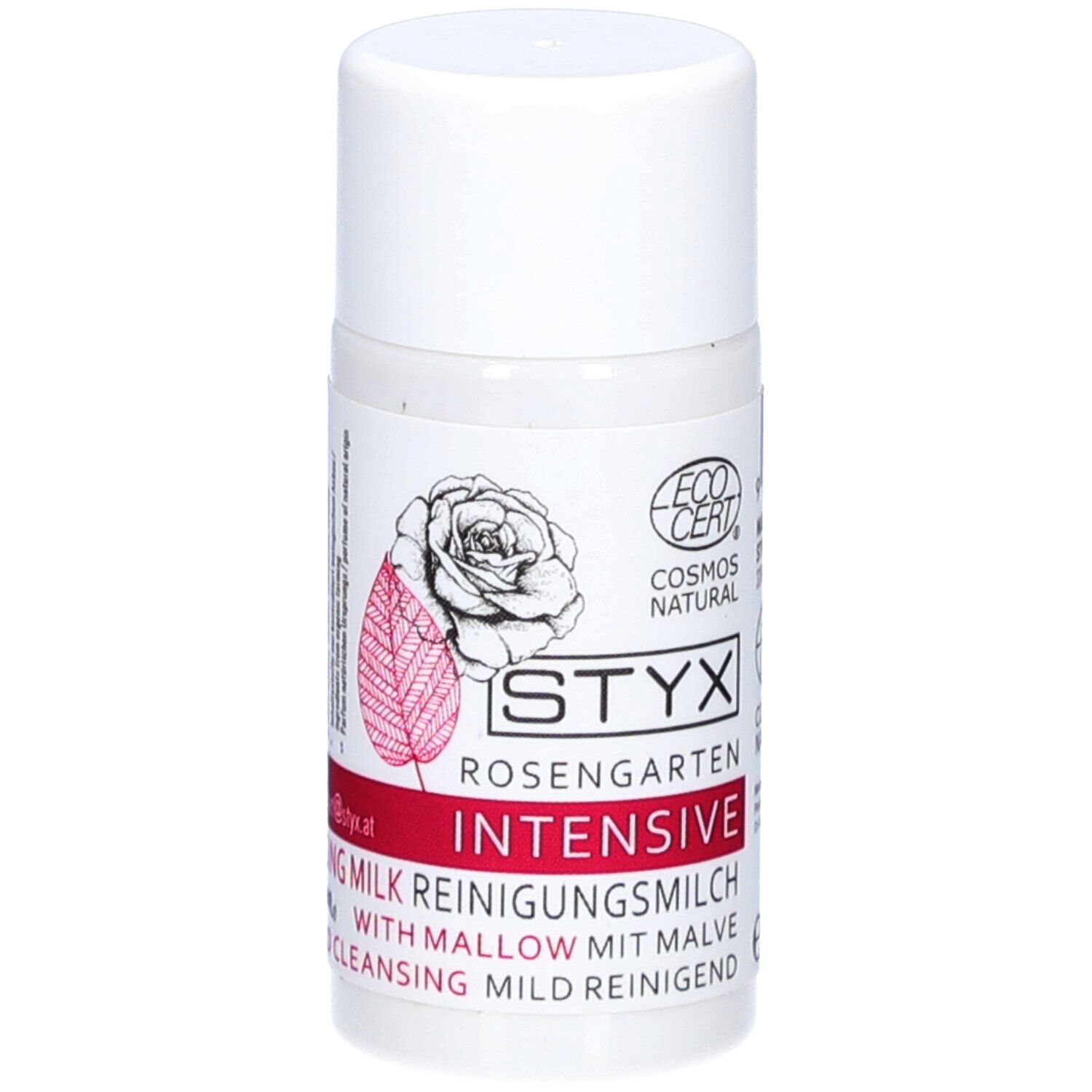Weiße Flasche mit STYX Rosengarten Reinigungsmilch. Roter Streifen mit Text. ECOCERT-Logo.