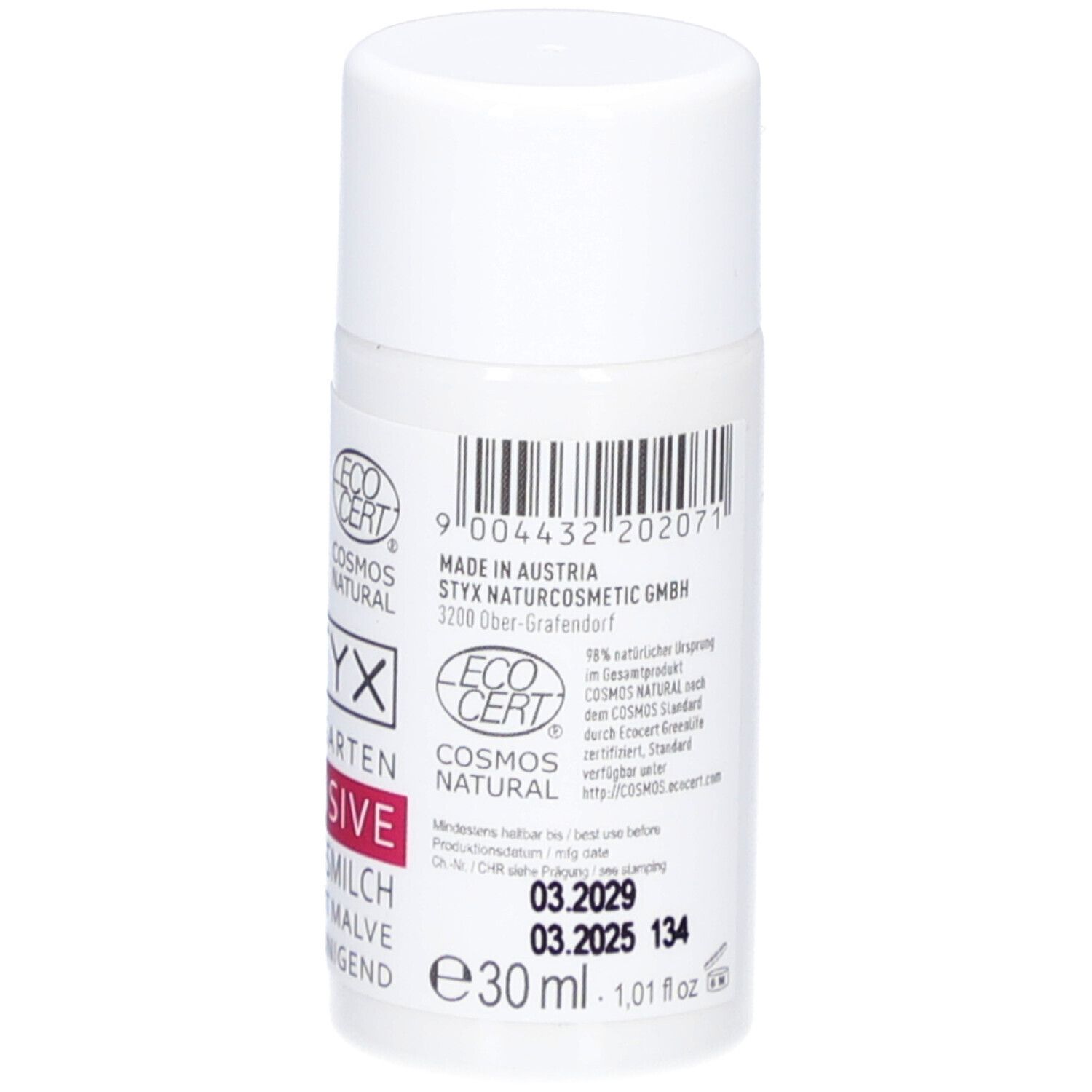Weiße Flasche mit Barcode und Text. ECOCERT-Logo. Volumen: 30 ml. Mindesthaltbarkeitsdatum.